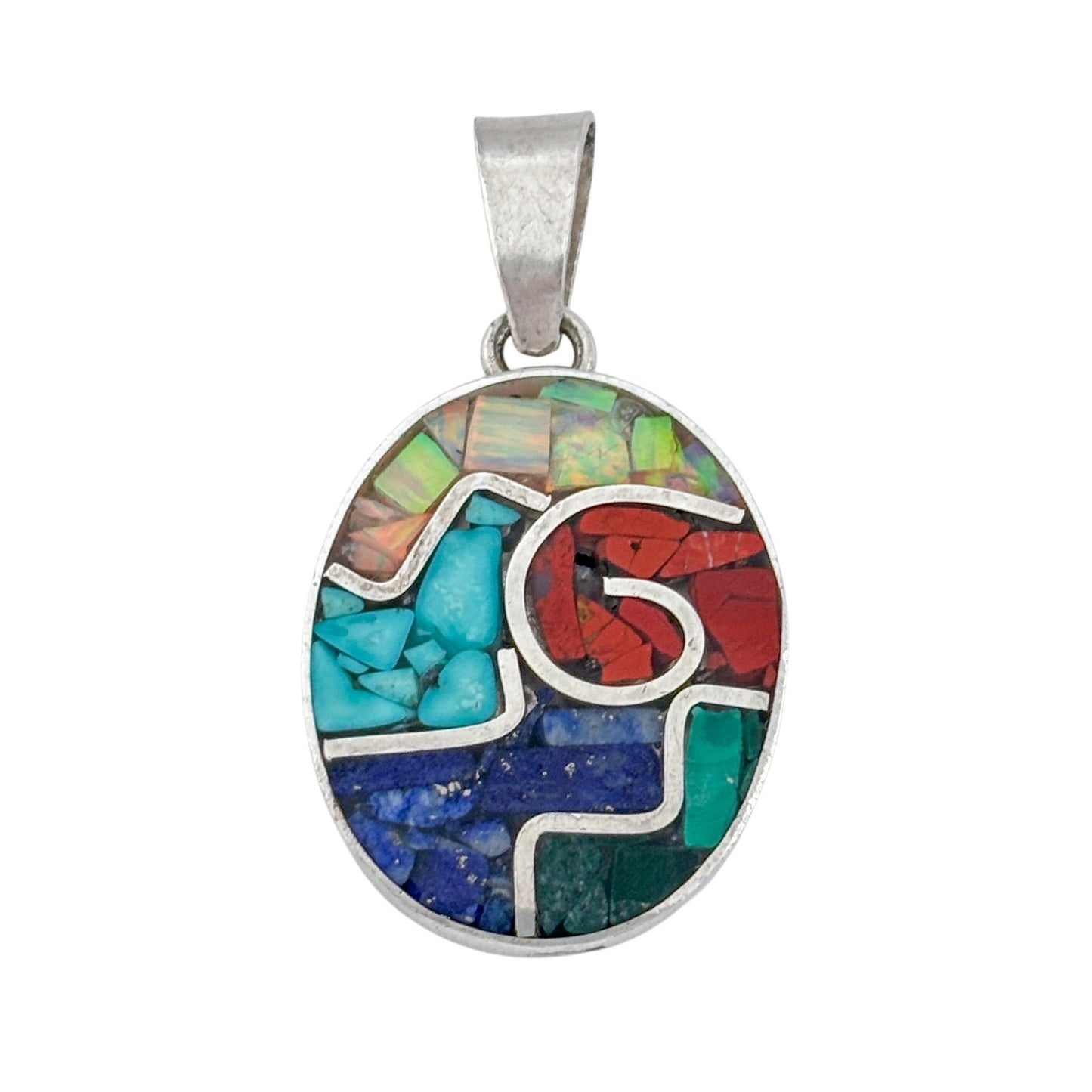 Vintage Sterling Silver 925 Multi Stone Mosaic Pendant