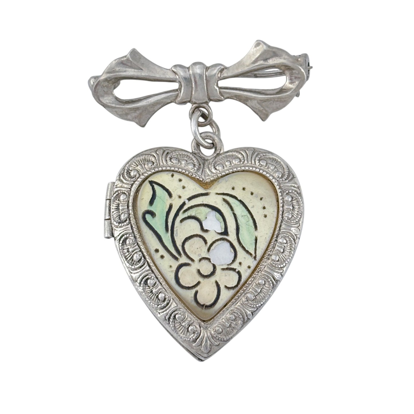 Vintage Sterling Silver 925 Floral Mother of Pearl Heart Locket Brooch