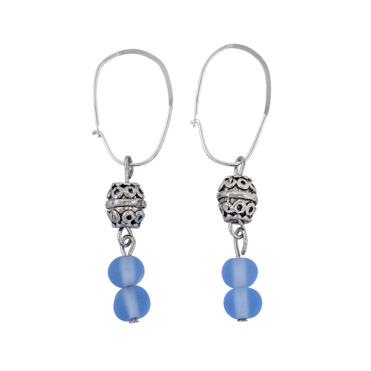 Vintage Sterling Silver 925 Blue Frosted Glass Filigree Drop Earrings