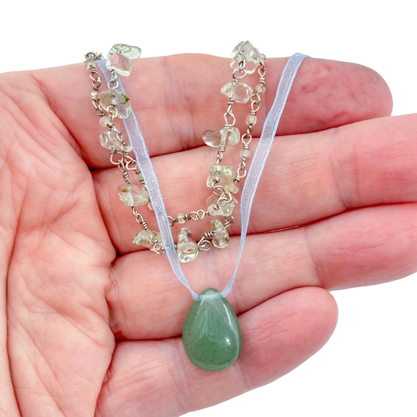 Vintage Sterling Silver 925 Aventurine Glass Necklace 15.5", 16", 16.5", 17"