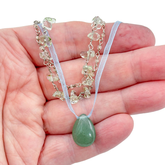 Vintage Sterling Silver 925 Aventurine Glass Necklace 15.5", 16", 16.5", 17"