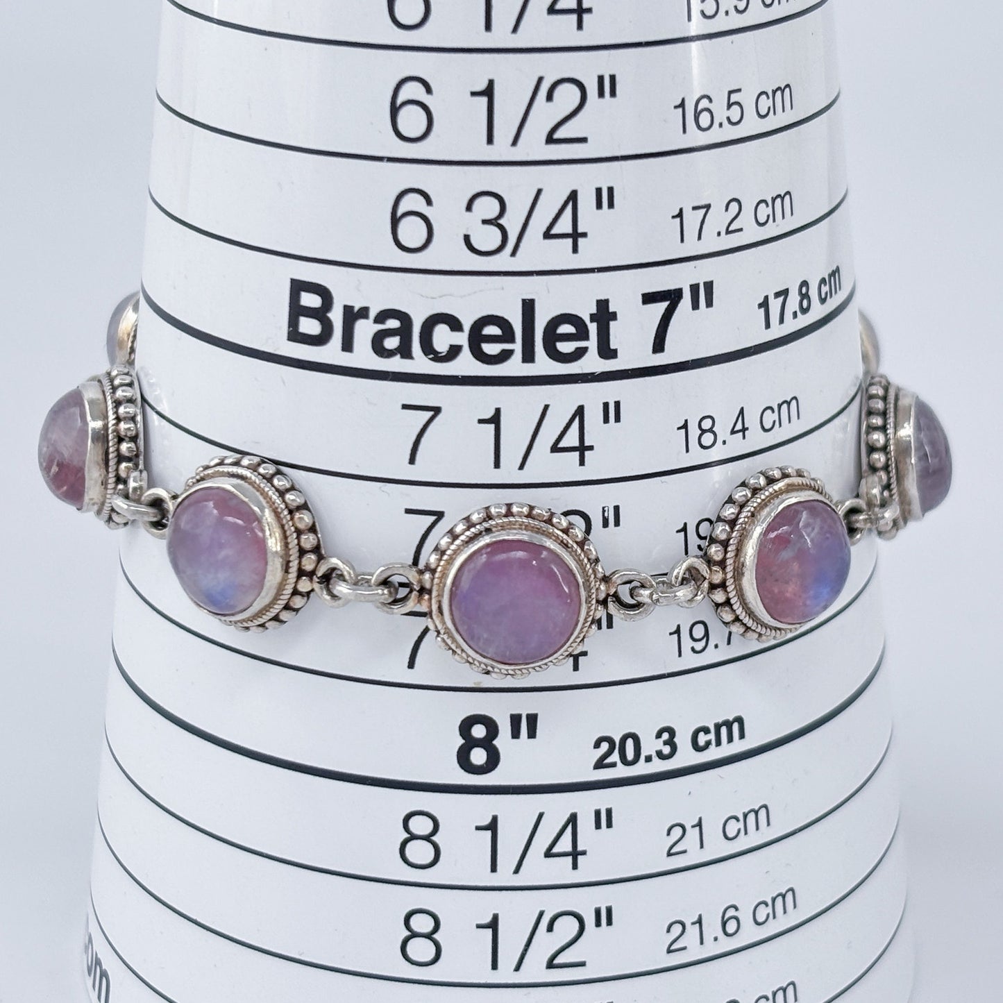 Vintage Sterling Silver 925 Pink Rainbow Moonstone Link Bracelet 7.5"