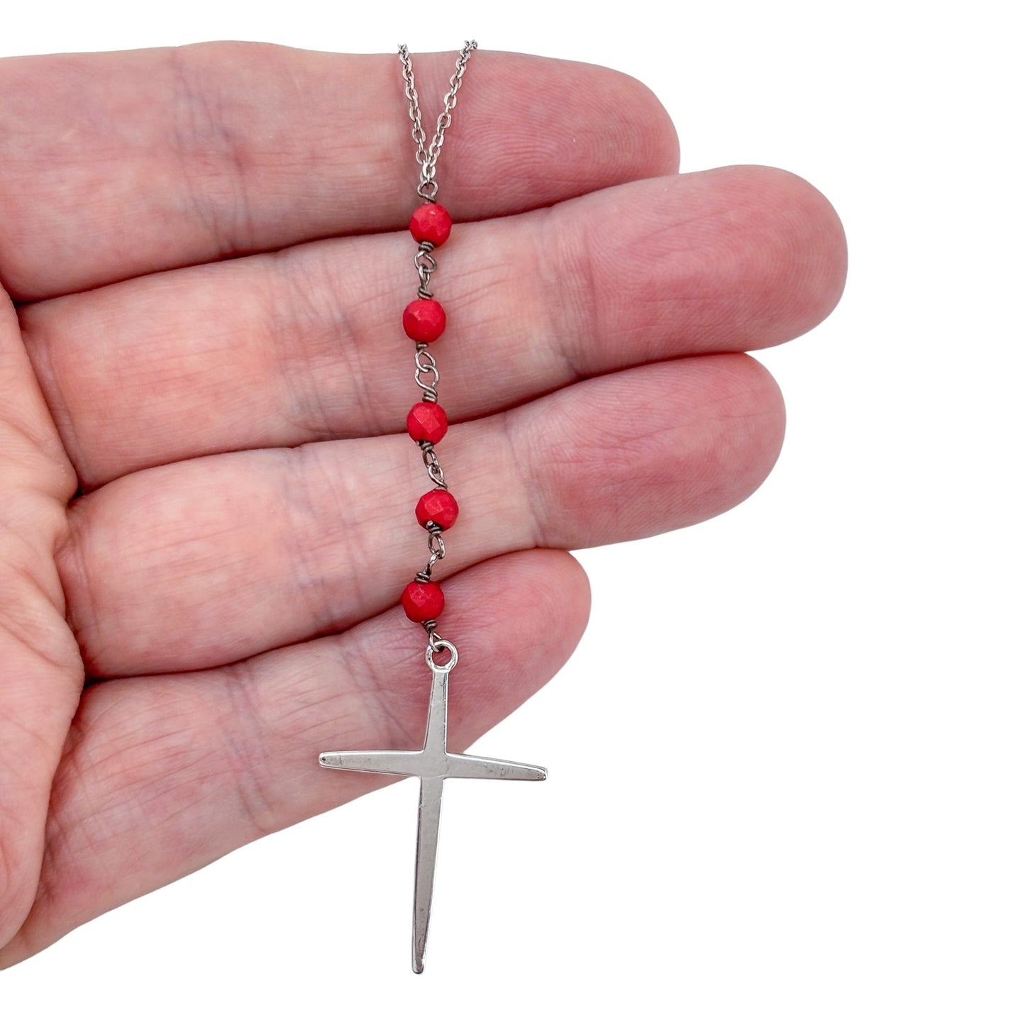 Vintage Sterling Silver 925 Red Glass Bead Y Necklace 16"-18"