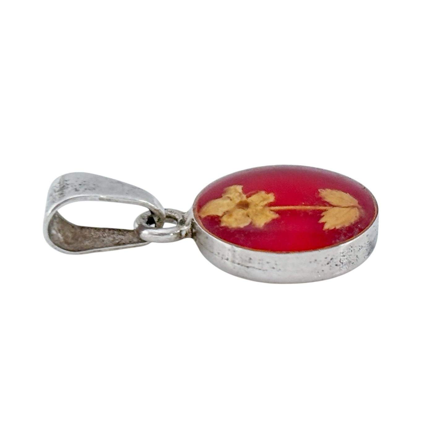 Vintage Sterling Silver 925 Red Pressed Flower Pendant