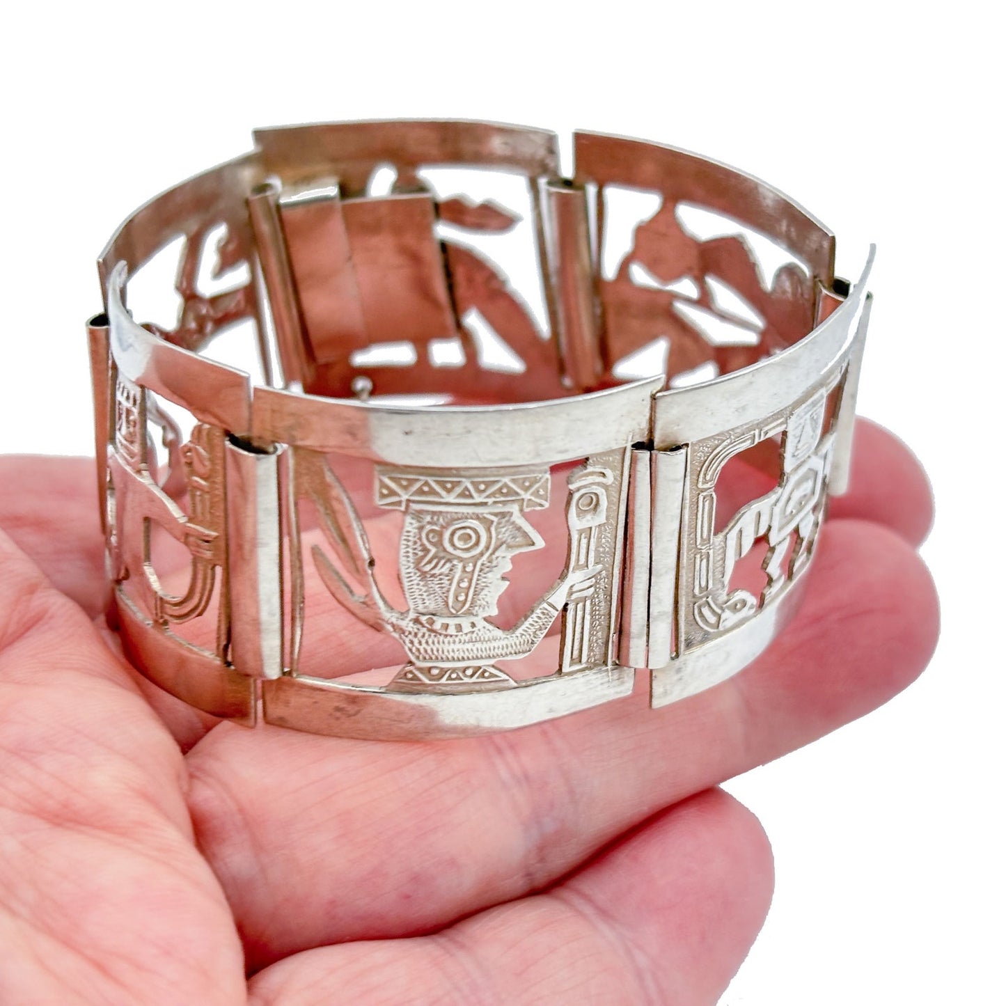 Vintage Sterling Silver 925 Peruvian Storyteller Panel Link Bracelet 7"