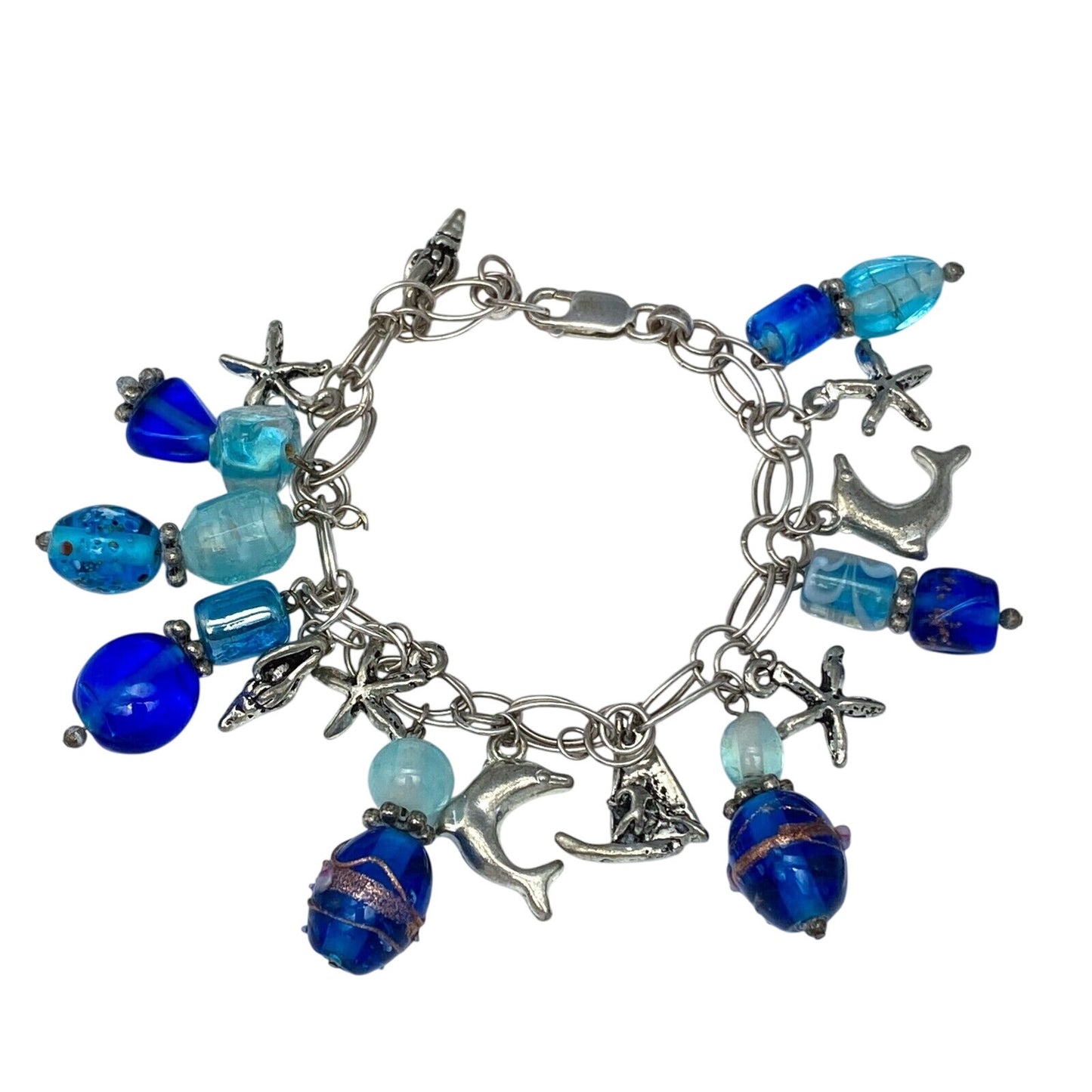 Vintage Sterling Silver 925 Blue Glass Ocean Charm Bracelet 7"