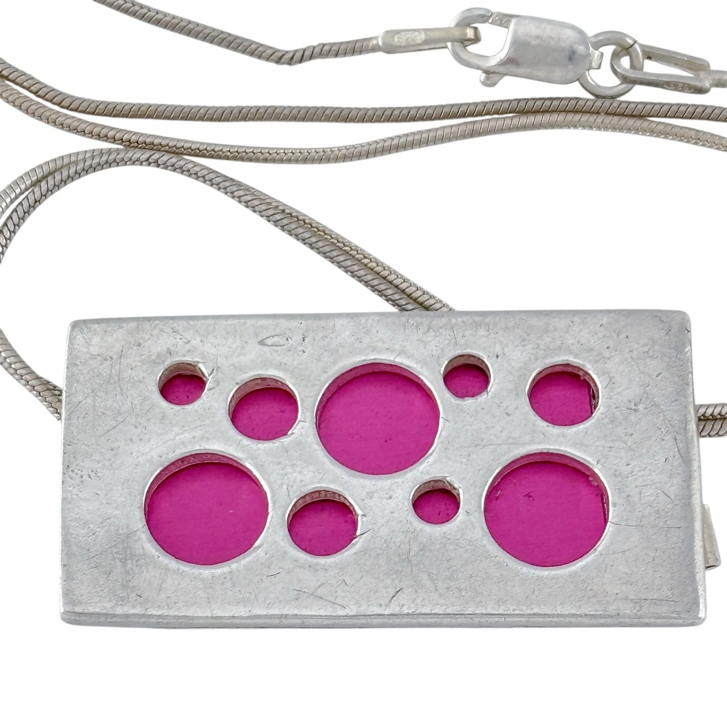 Vintage Sterling Silver Rectangular Pink Enamel Pendant Necklace 16.5"