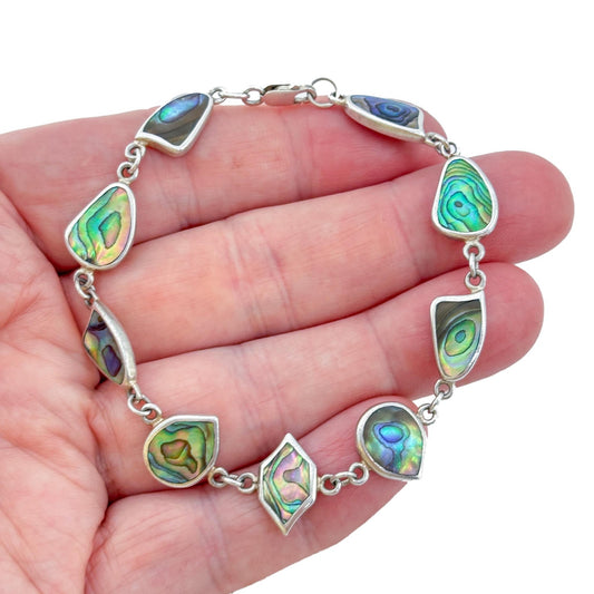 Vintage Sterling Silver 925 Abalone Link Bracelet 8"