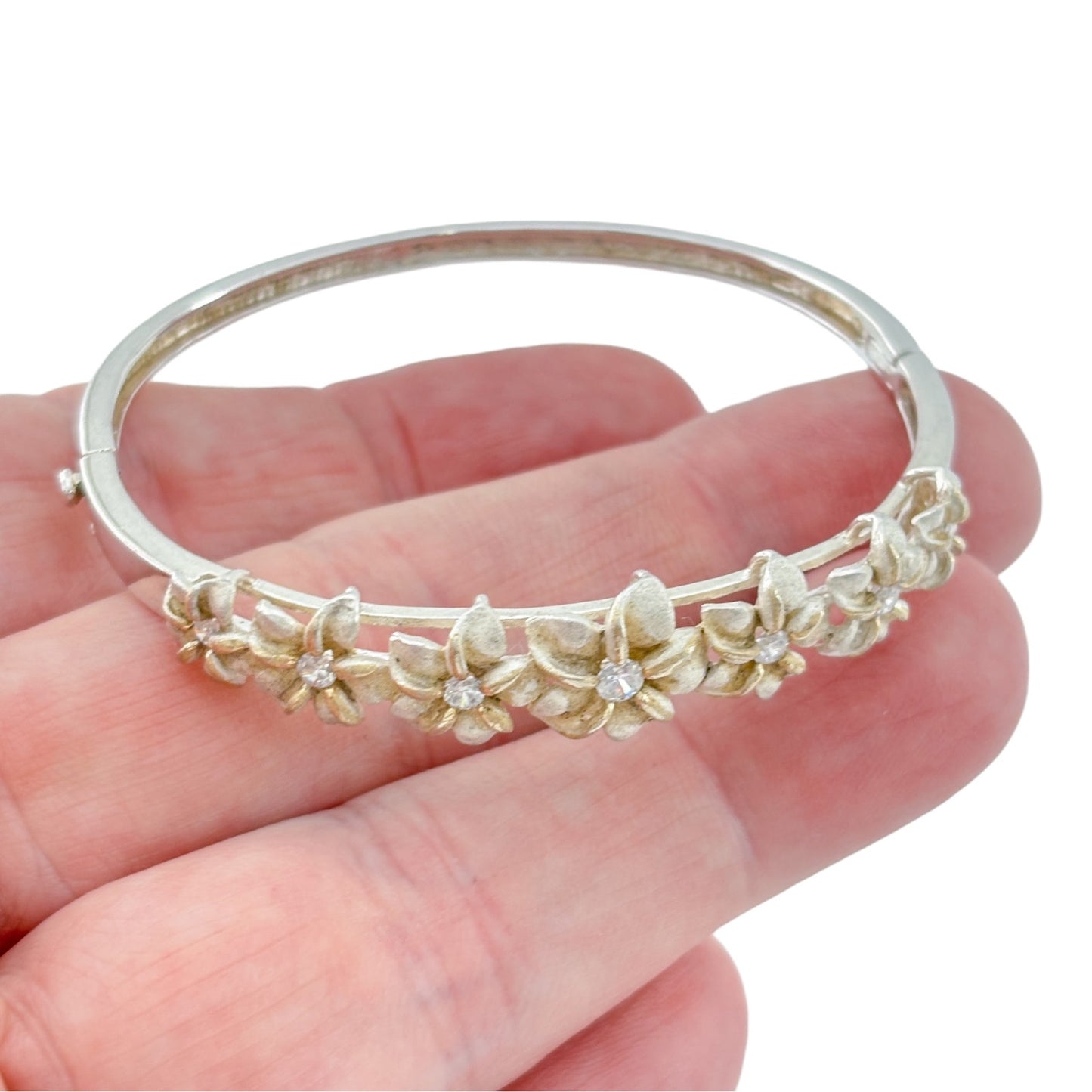 Vintage Sterling Silver 925 Cubic Zirconia Plumeria Bangle 6.75"