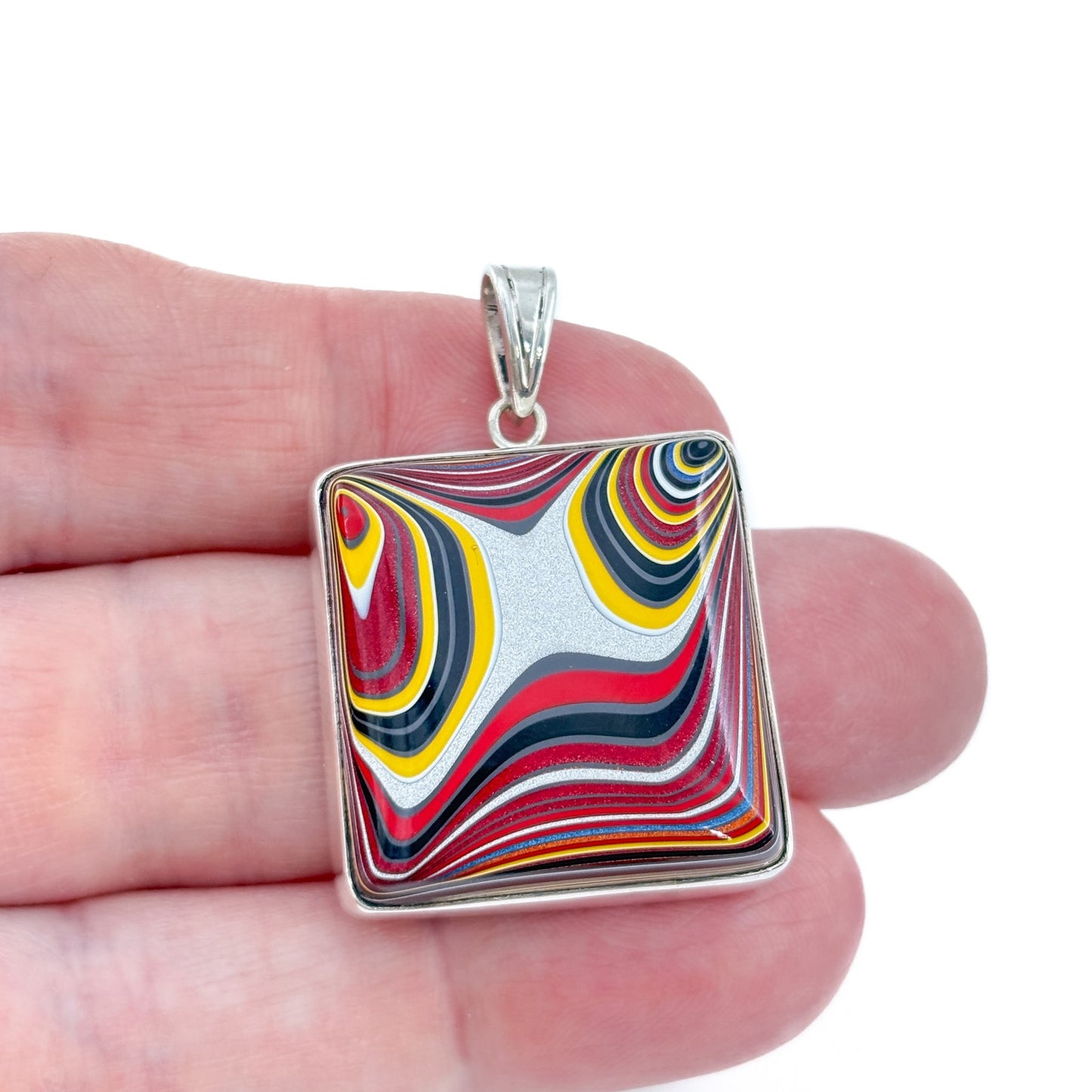Vintage Sterling Silver 925 Yellow Red Glass Swirl Pendant