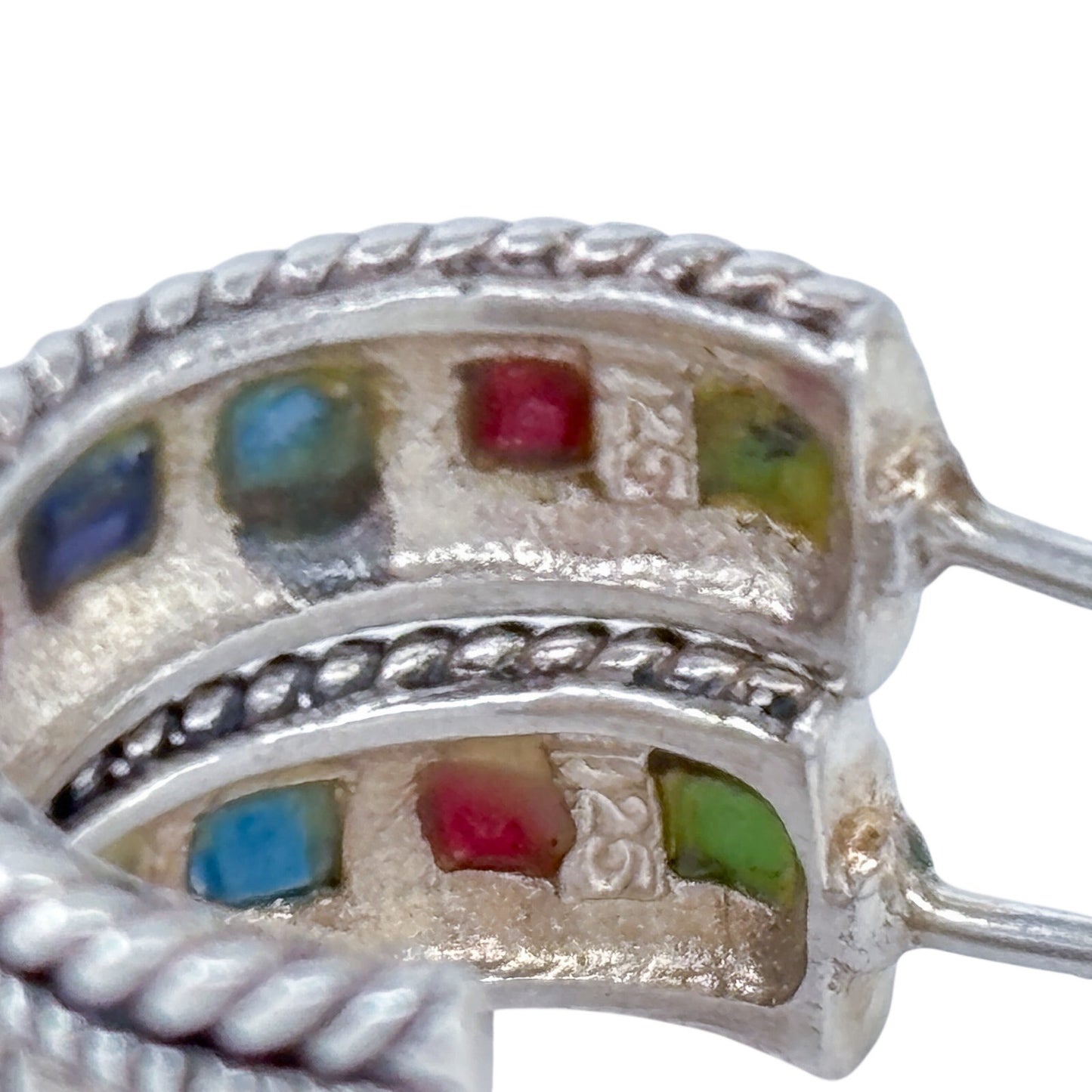 Estate Sterling Silver 925 Multi Gemstone Hoop Earrings