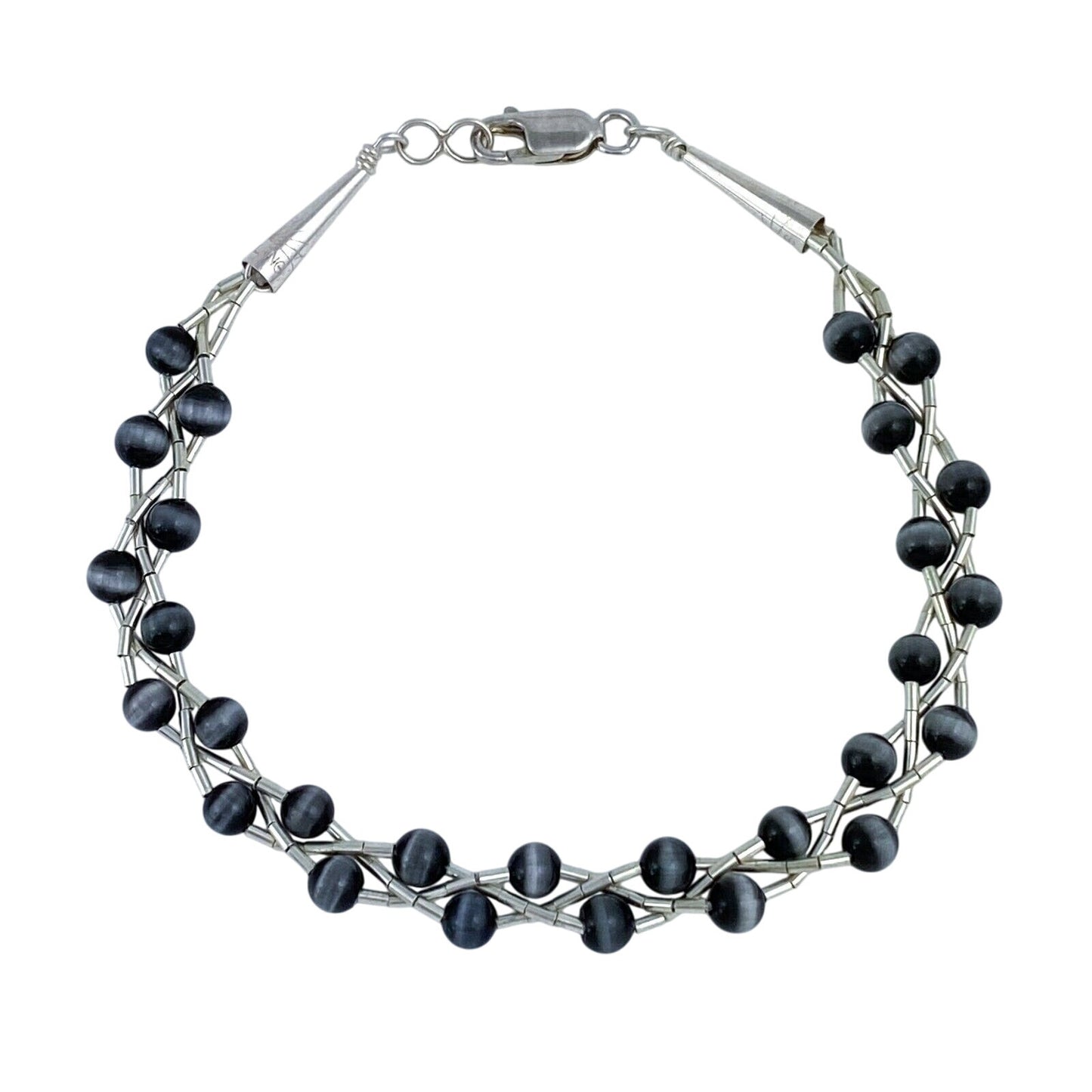 Vintage Sterling Silver 925 Black Cat’s Eye Glass Bracelet 7.75"