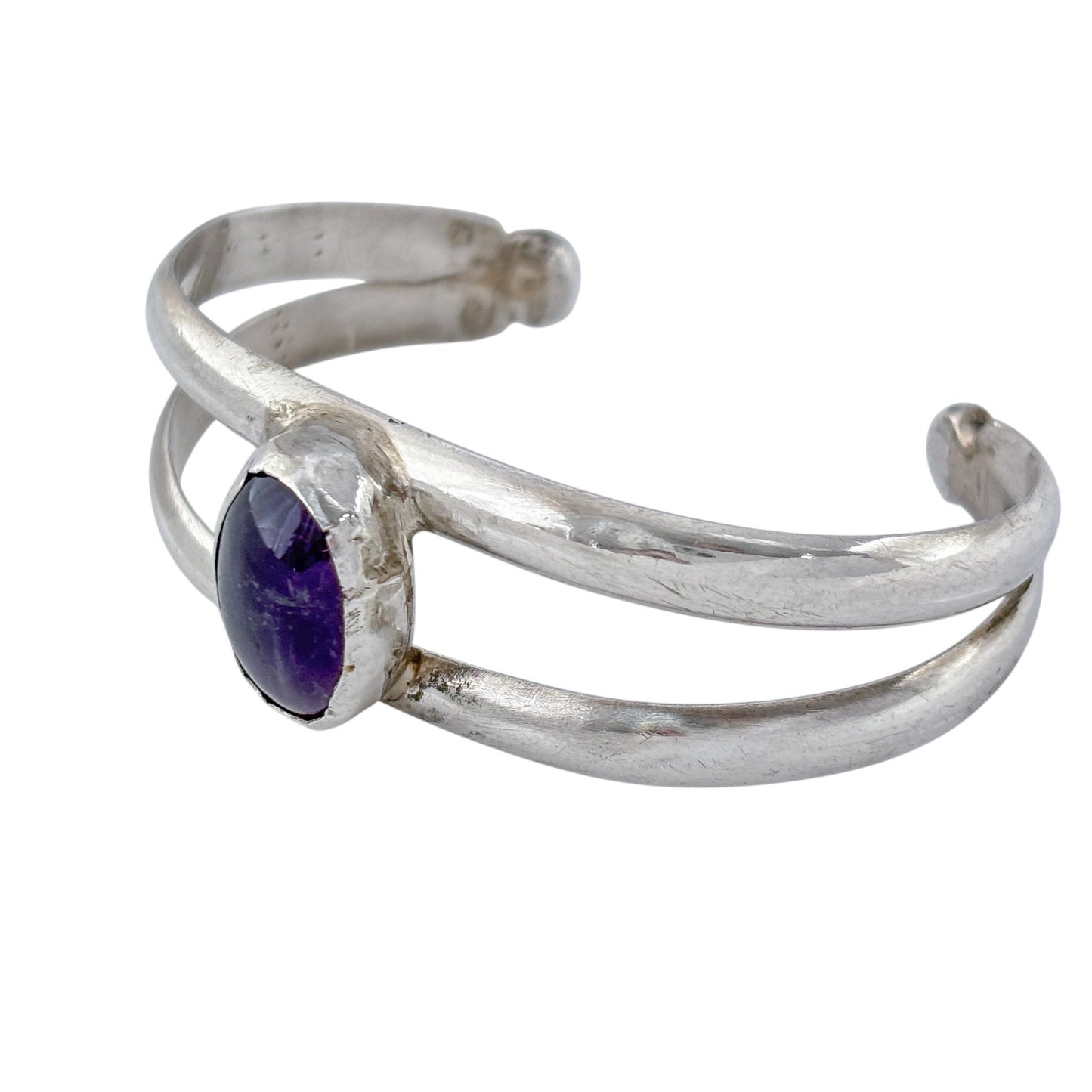 Vintage Sterling Silver 925 Sandcast Amethyst Cuff Bracelet 6.5"