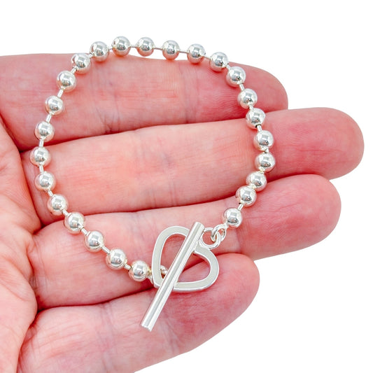 Estate Italy Sterling Silver 925 Beaded Heart Toggle Bracelet 7"