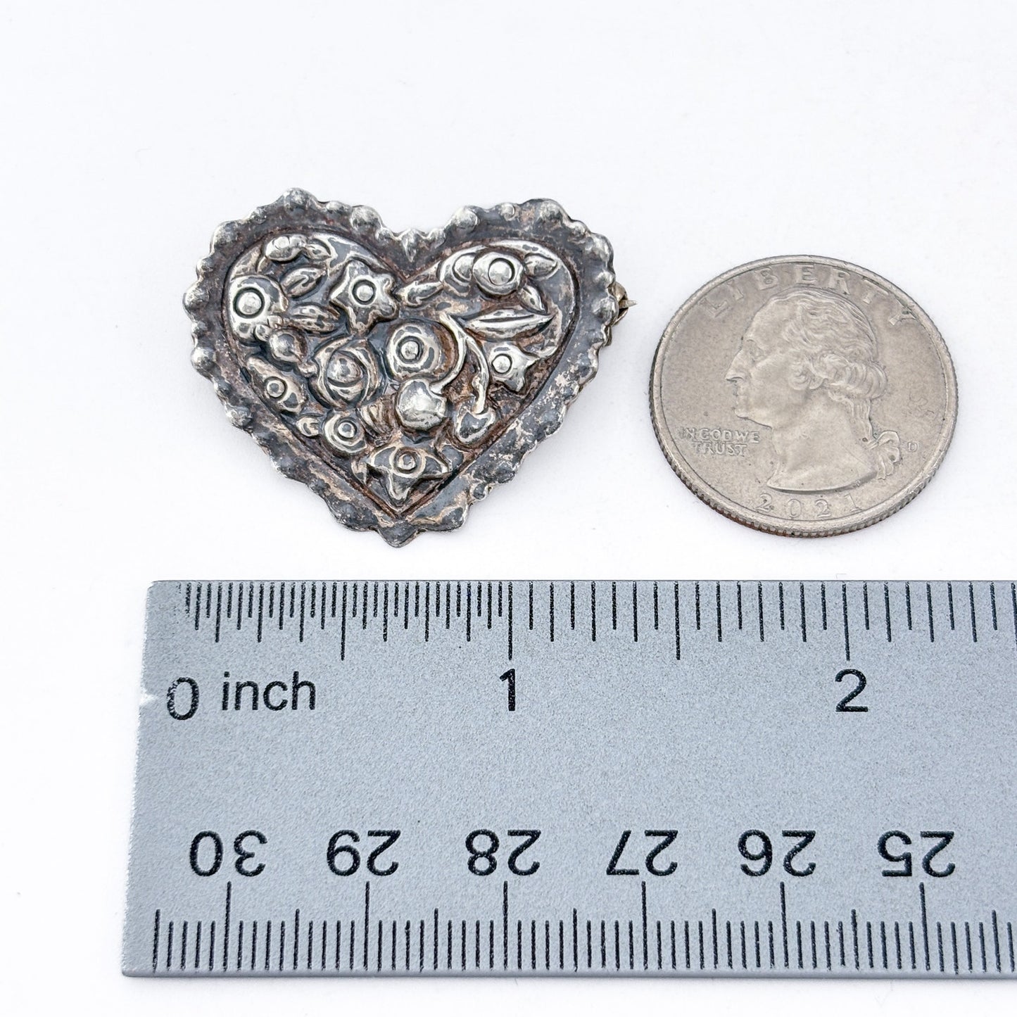 Vintage Sterling Silver 925 Heart Flower Brooch