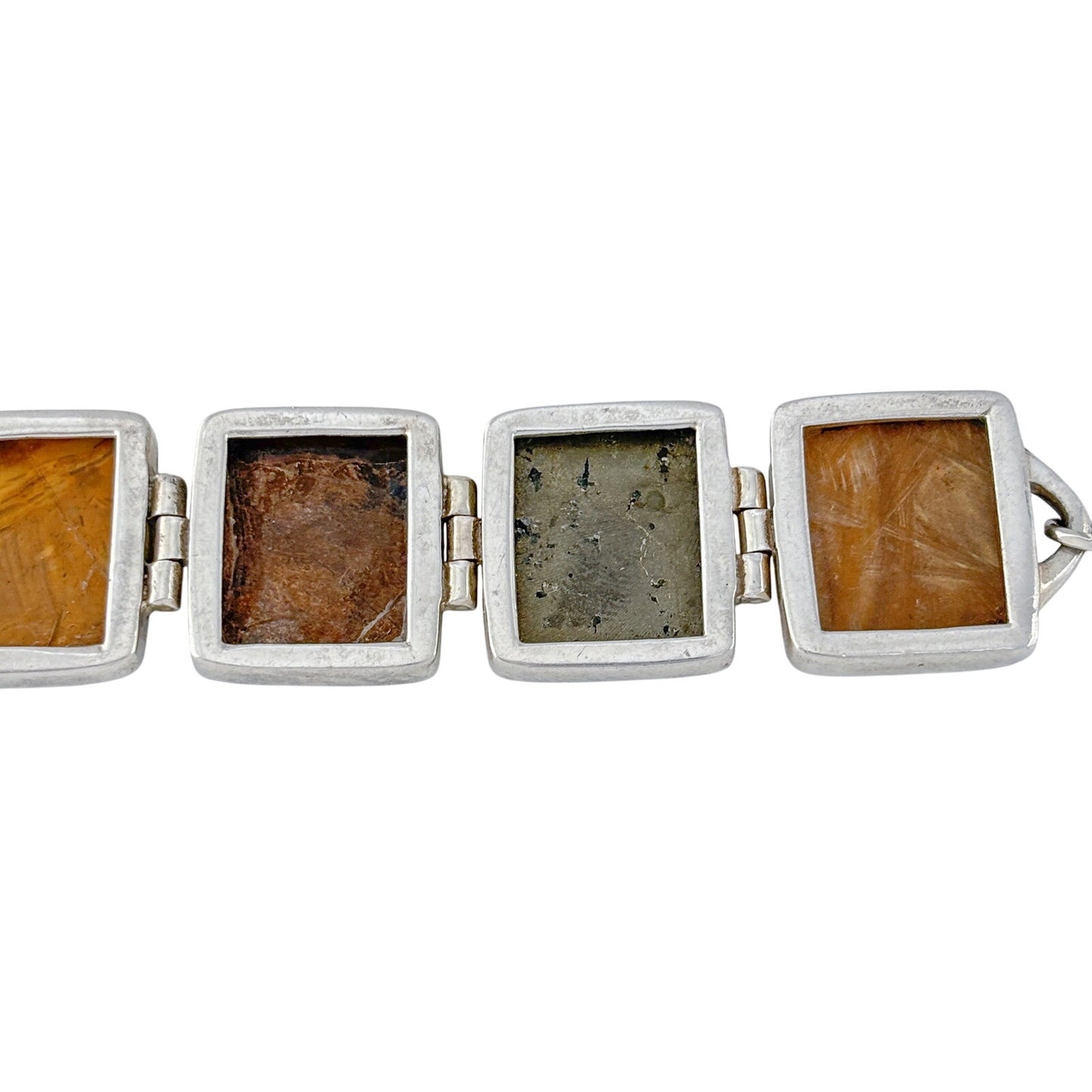 Vintage Sterling Silver 925 Pyrite Bronzite Jasper Link Bracelet 7.25"