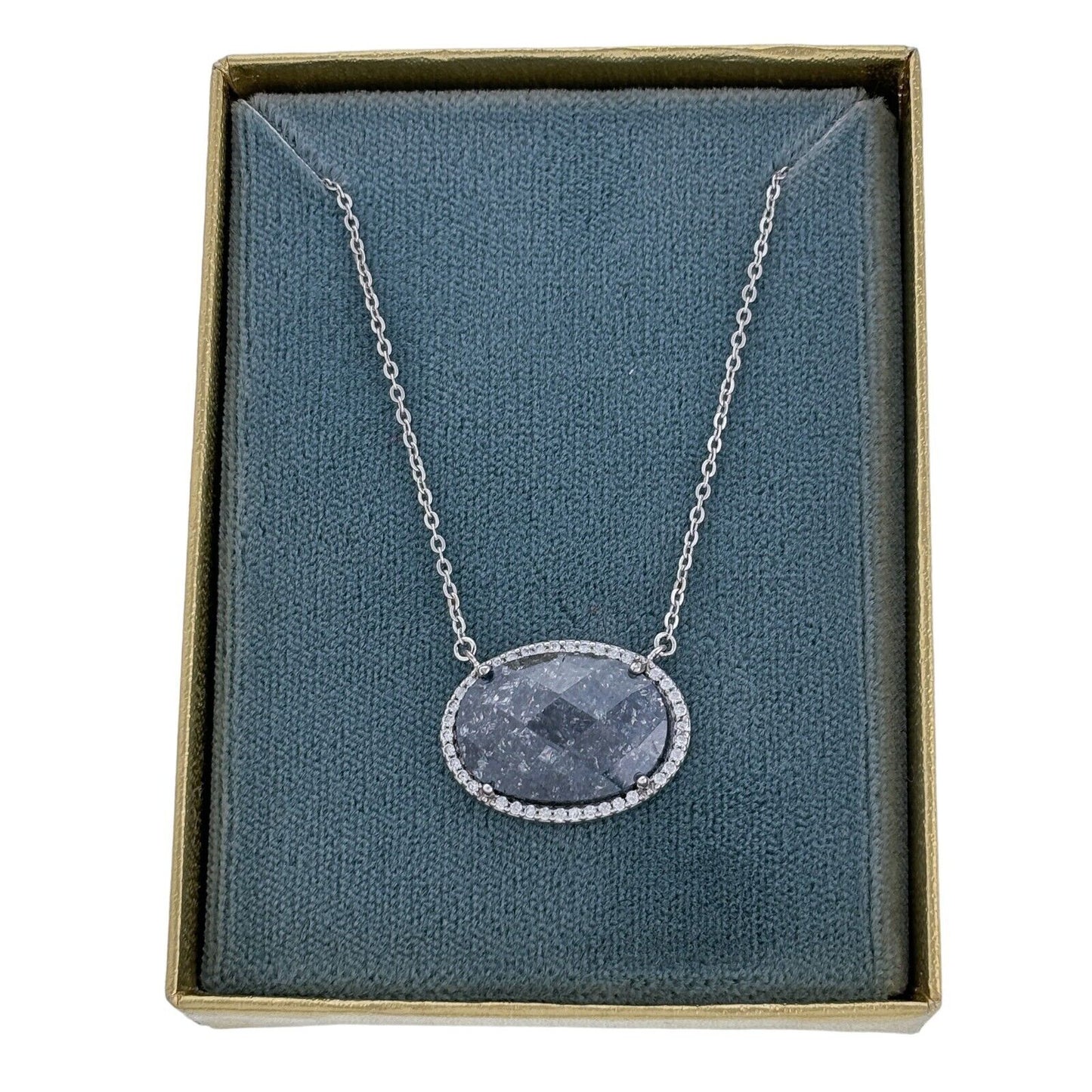 Vintage Sterling Silver 925 Dark Faceted Glass Pendant Necklace 15-17"