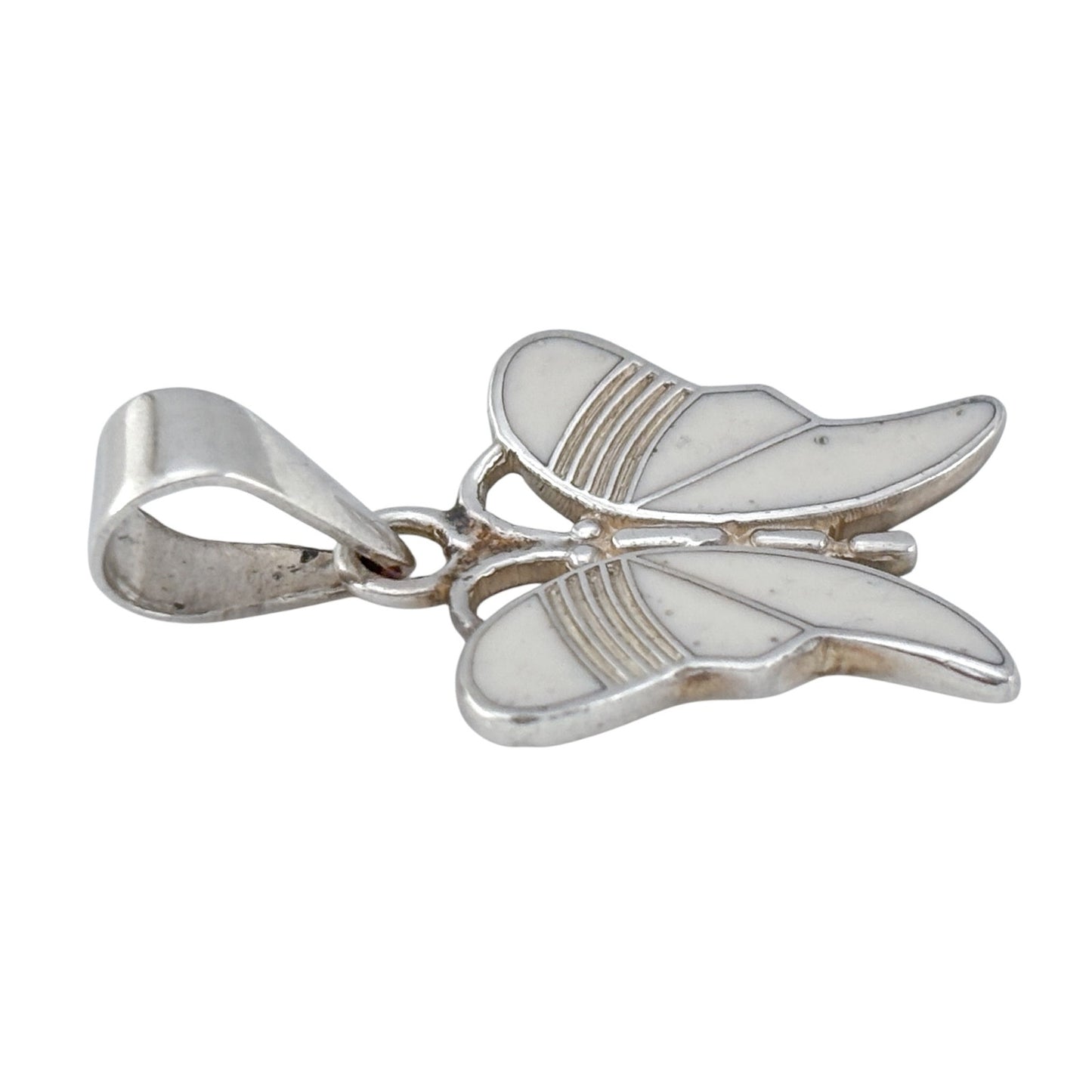 Vintage Mexico Taxco Sterling Silver 925 White Enamel Butterfly Pendant