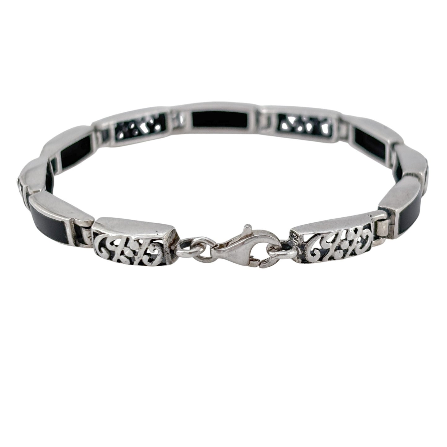 Vintage Sterling Silver 925 Black Onyx Inlay Link Bracelet 7"