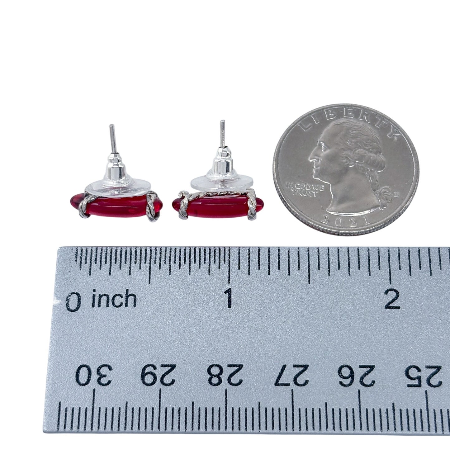 Vintage Sterling Silver 925 Red Resin Marquise Stud Earrings