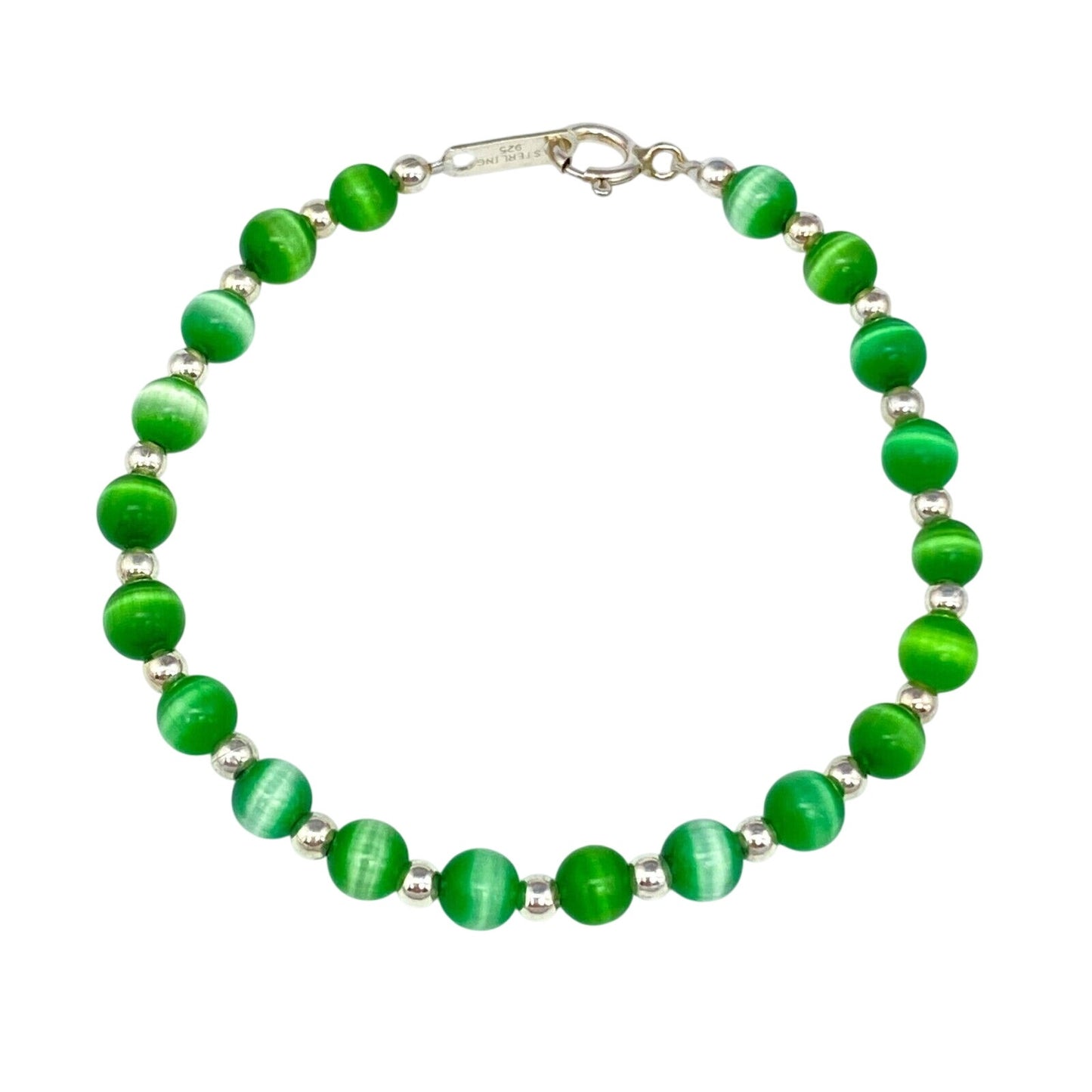 Vintage Sterling Silver 925 Green Cat’s Eye Bracelet 6.75"
