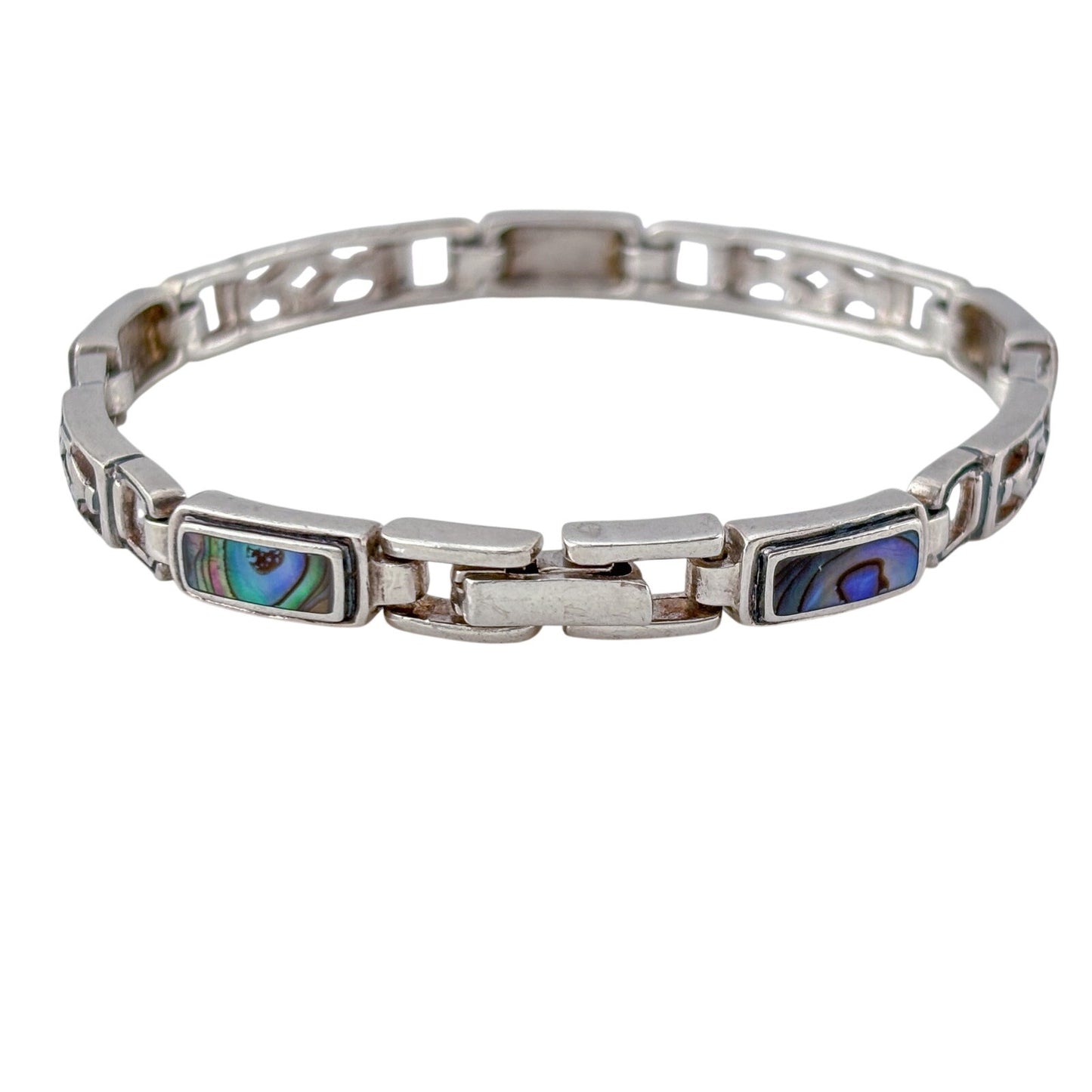 Vintage Sterling Silver 925 Abalone Inlay Link Bracelet 7"