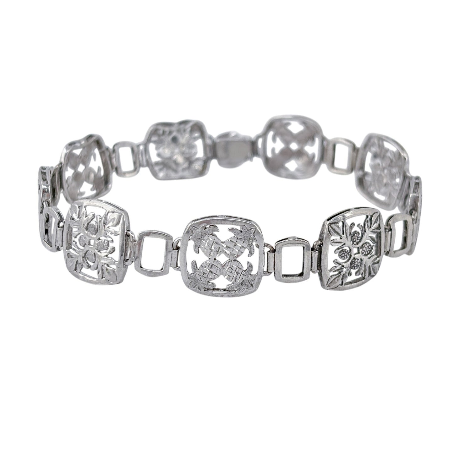 Vintage Sterling Silver 925 Floral Pineapple Link Bracelet 8"