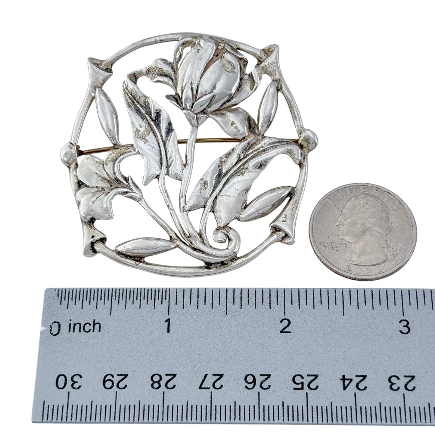 Vintage Sterling Silver 925 Art Nouveau Style Flower Brooch