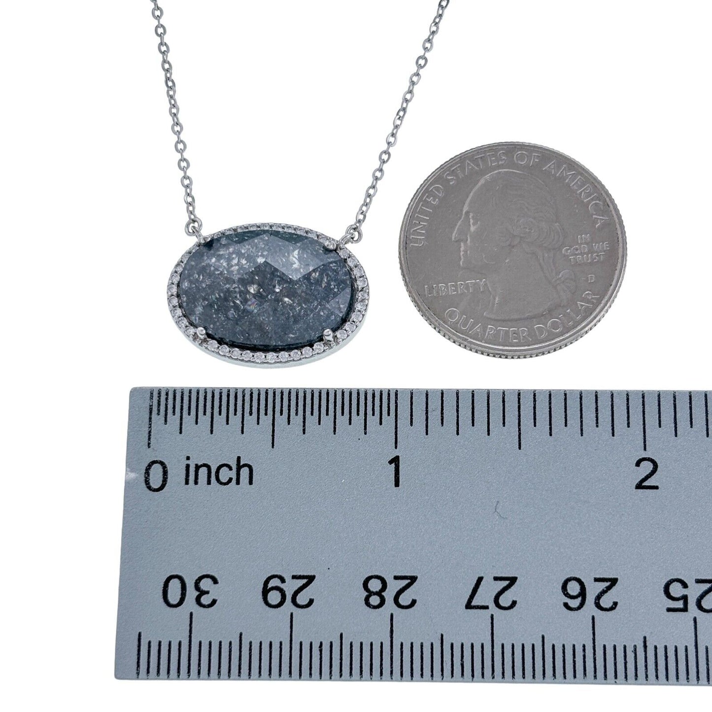 Vintage Sterling Silver 925 Dark Faceted Glass Pendant Necklace 15-17"