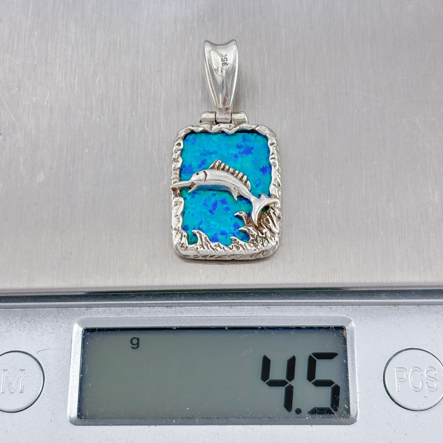 Vintage Sterling Silver 950 Reversible Blue Opal Swordfish Pendant
