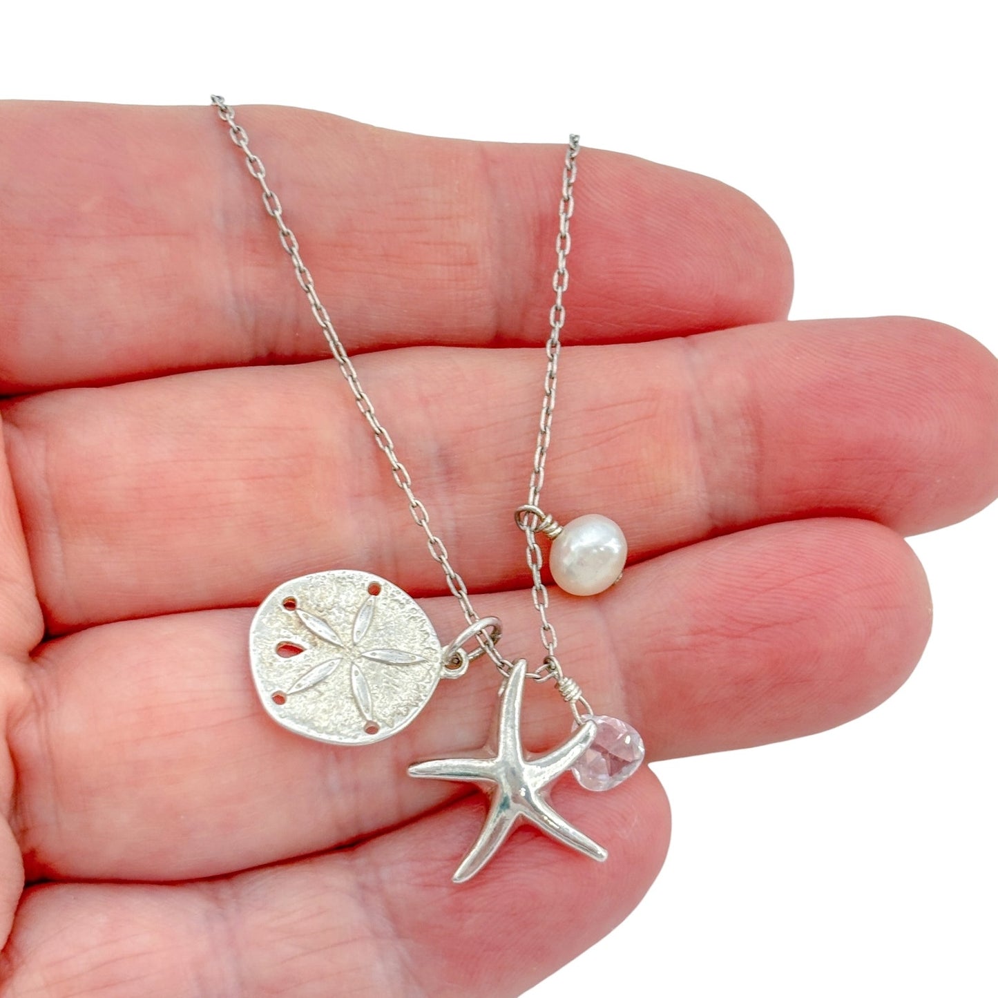Vintage Sterling Silver 925 Sand Dollar Starfish Pearl Necklace 17.5"