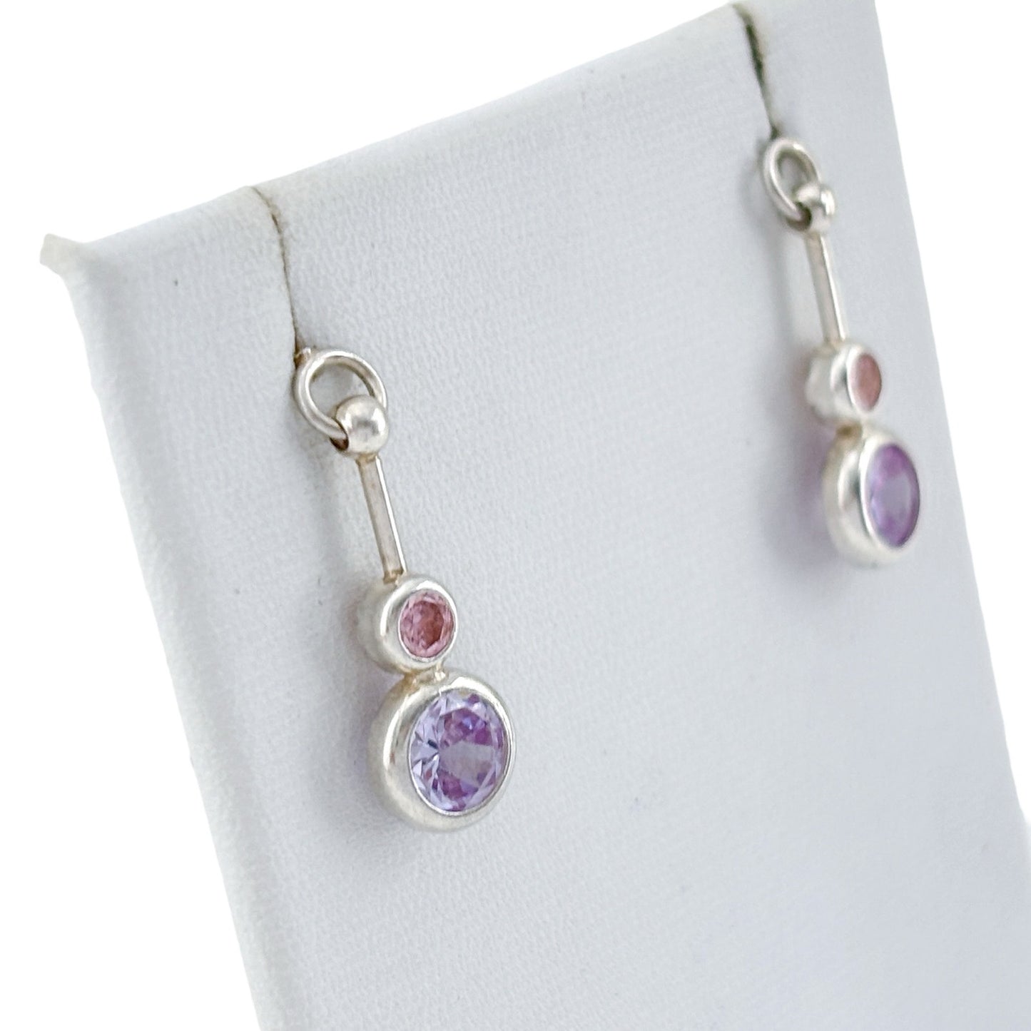 Vintage Sterling Silver 925 Purple Pink Crystal Dangle Earrings