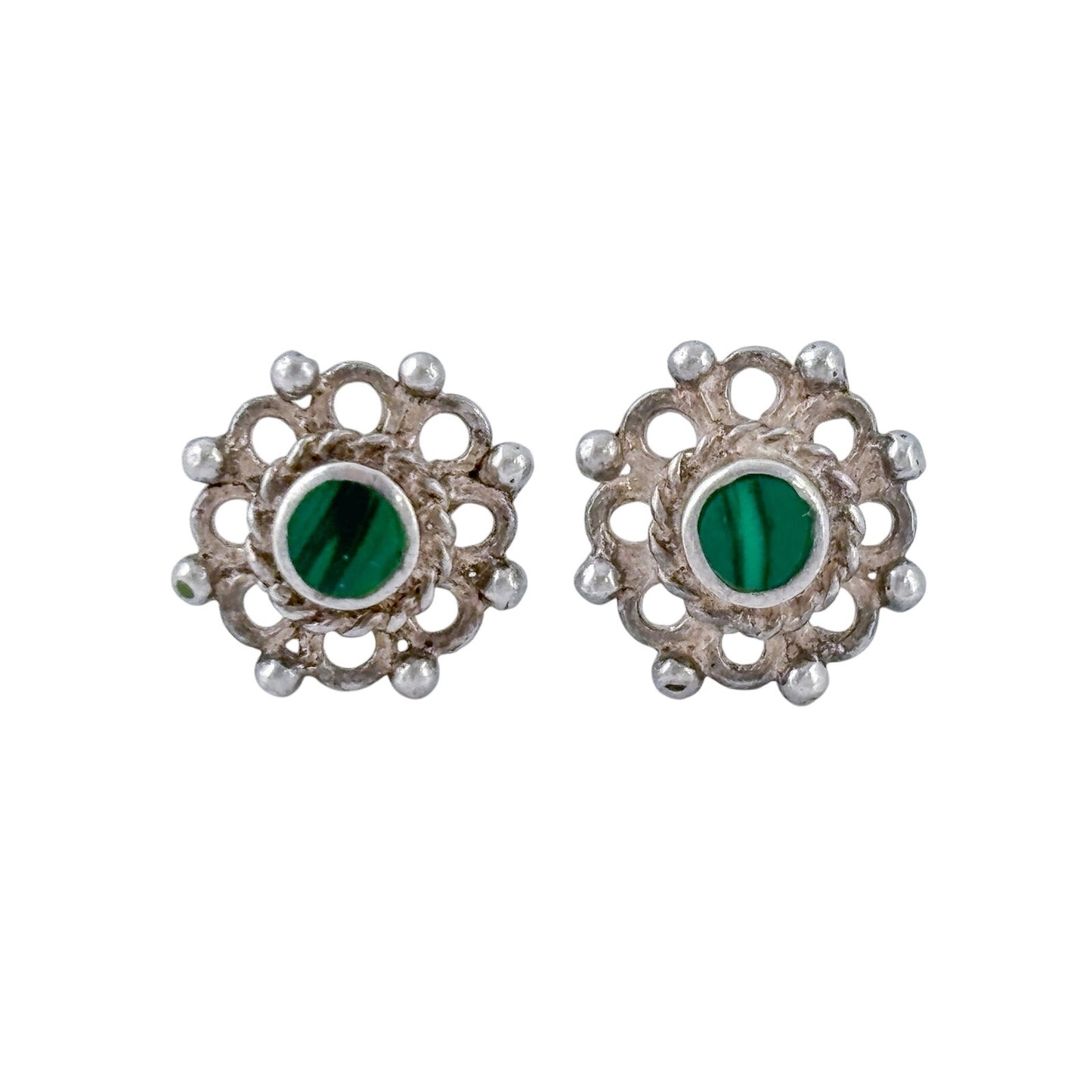Vintage Sterling Silver 925 Malachite Filigree Stud Earrings