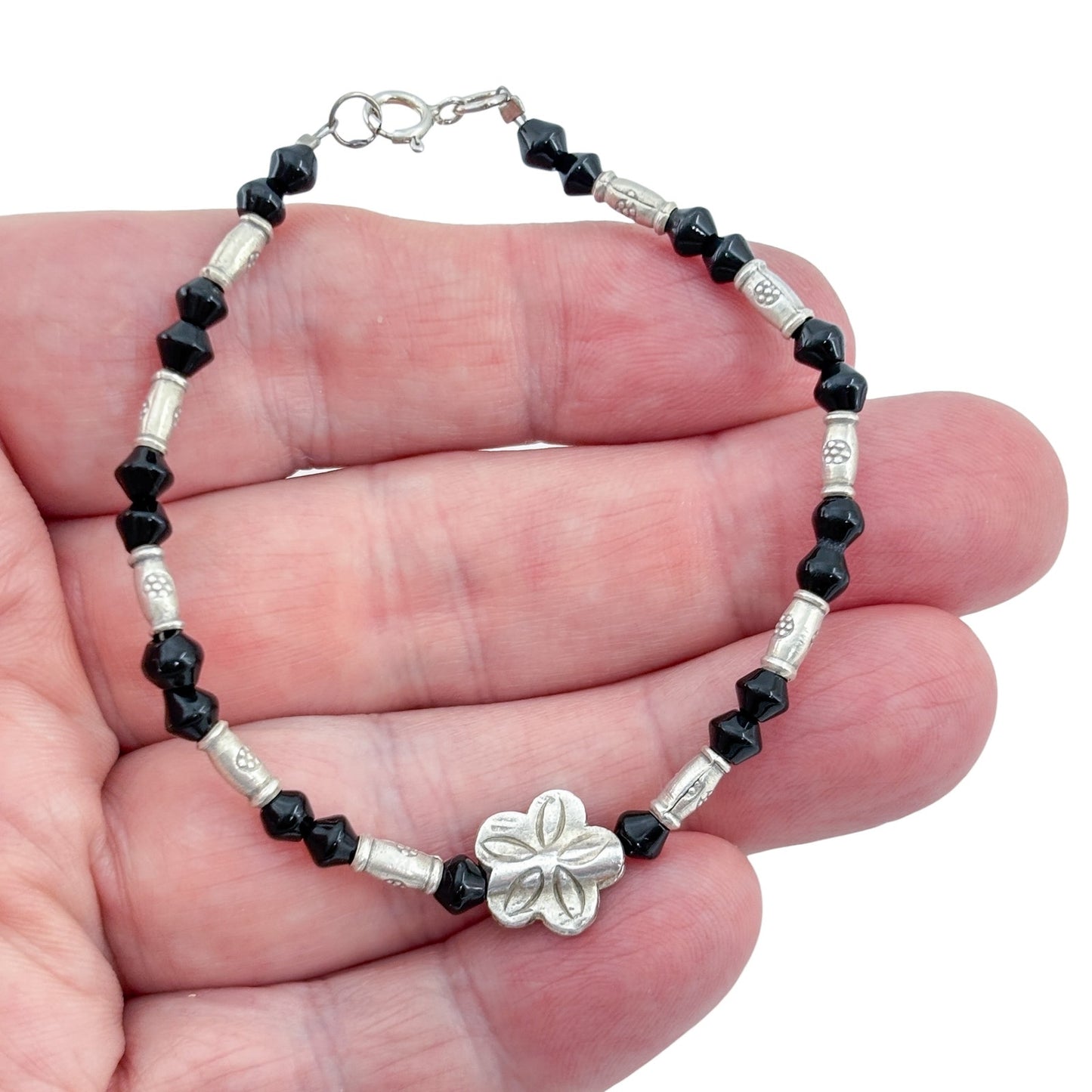 Vintage Sterling Silver 925 Black Onyx Flower Necklace 7"