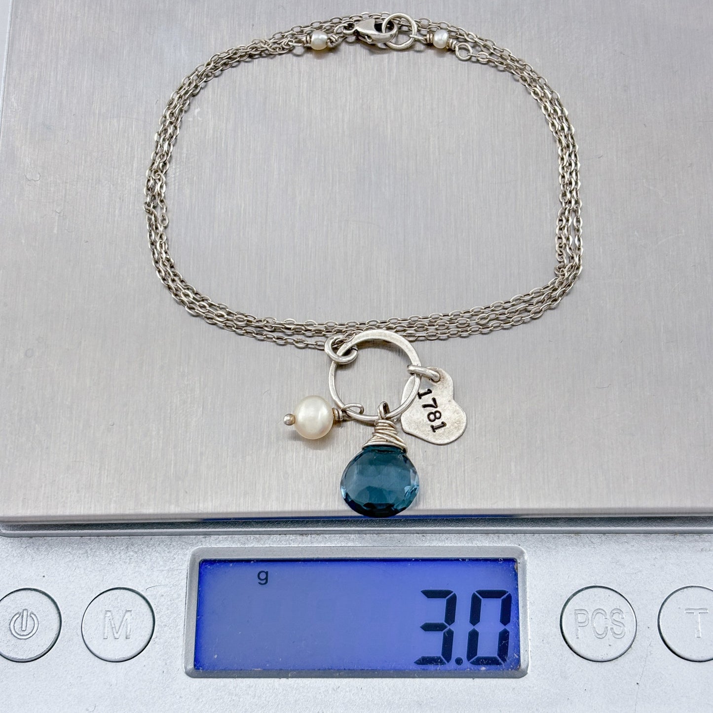 Vintage Sterling Silver 925 Pearl Blue Glass Necklace 20.5"