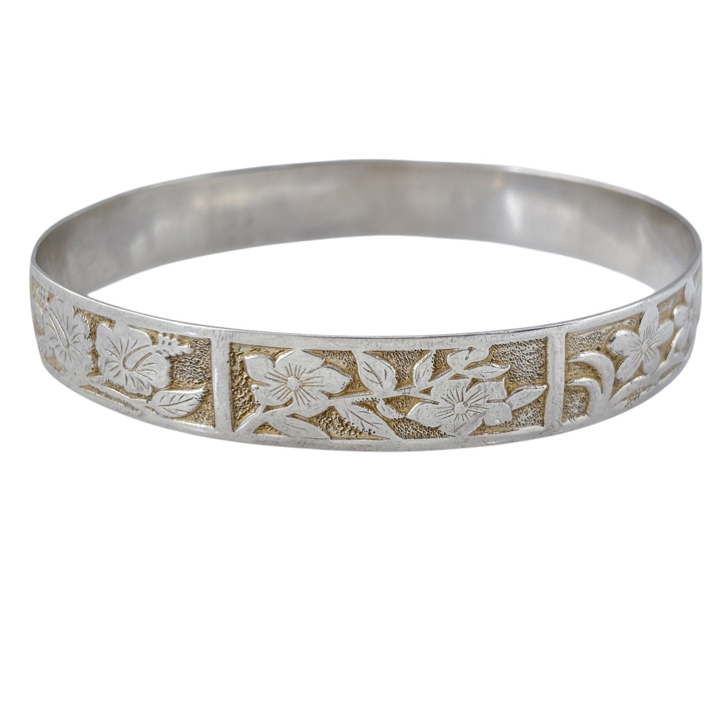 Vintage Sterling Silver 925 Floral Bangle Bracelet 9"