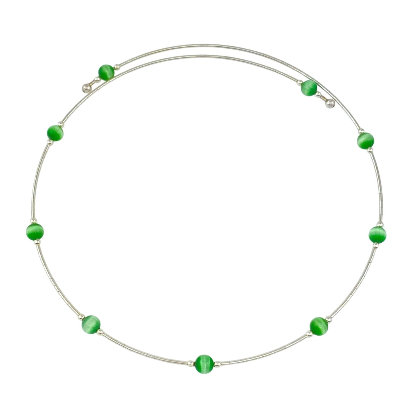 Vintage Sterling Silver 925 Green Cat’s Eye Memory Wire Necklace 16"