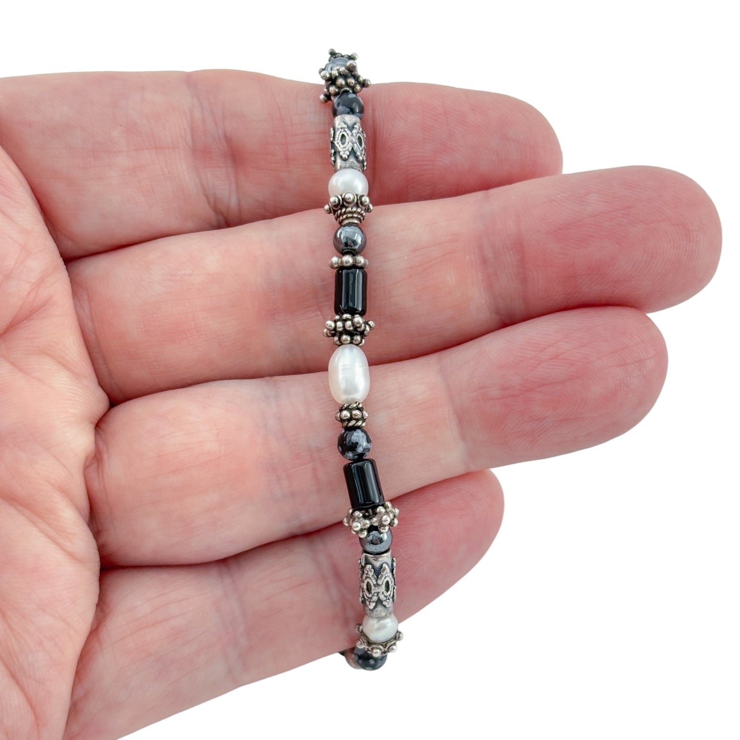 Vintage Sterling Silver 925 Snowflake Obsidian Pearl Anklet 10"