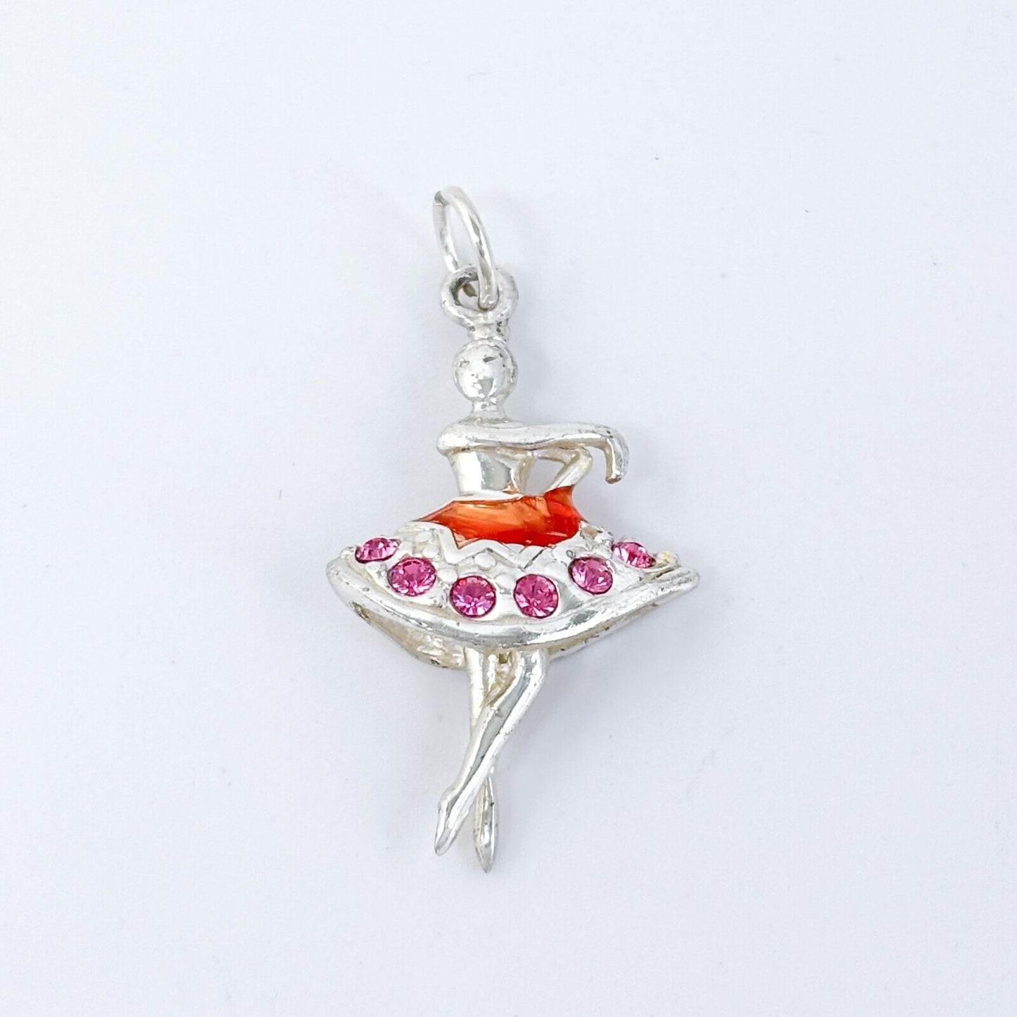Vintage Sterling Silver 925 Pink Cubic Zirconia & Enamel Ballerina Pendant