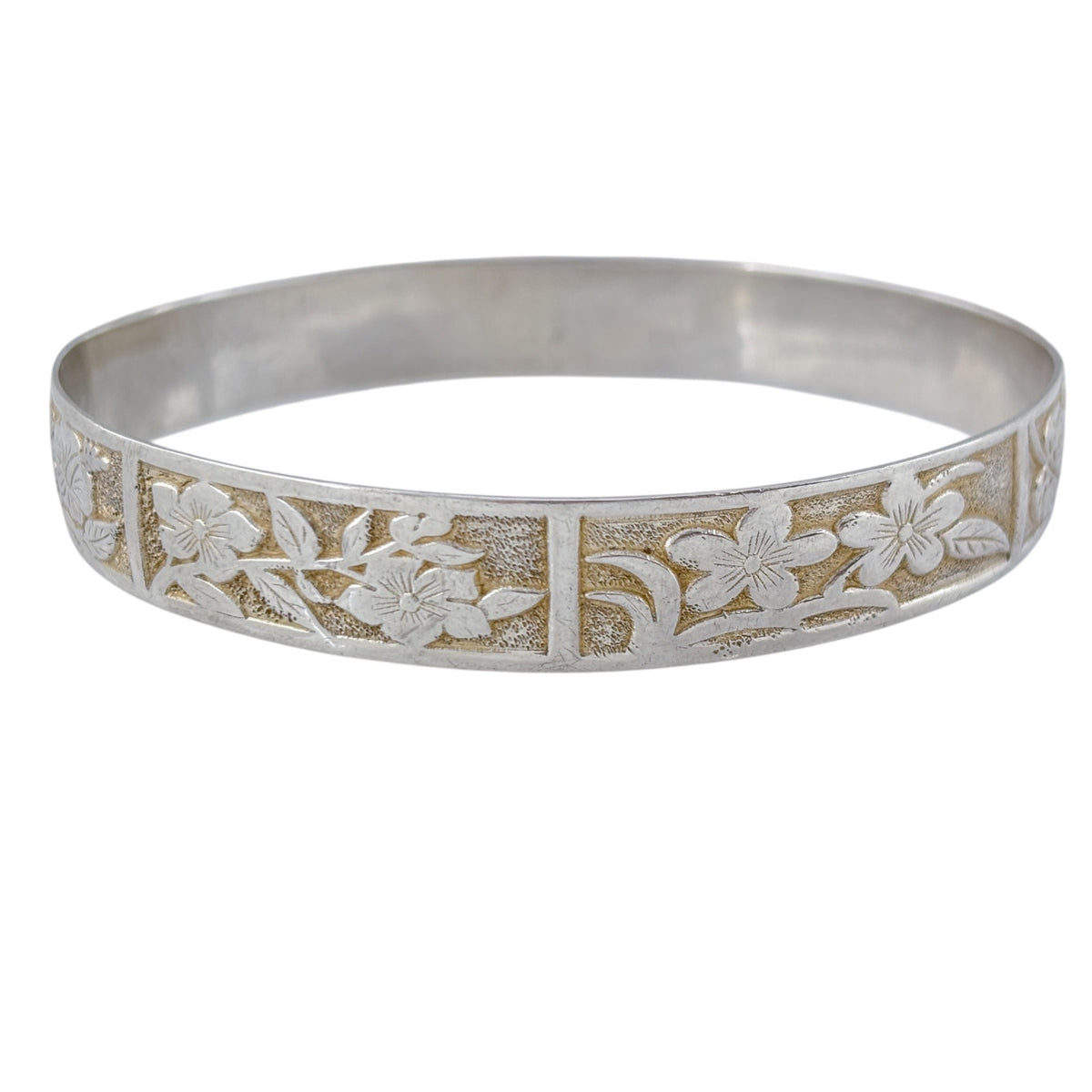Vintage Sterling Silver 925 Floral Bangle Bracelet 9"