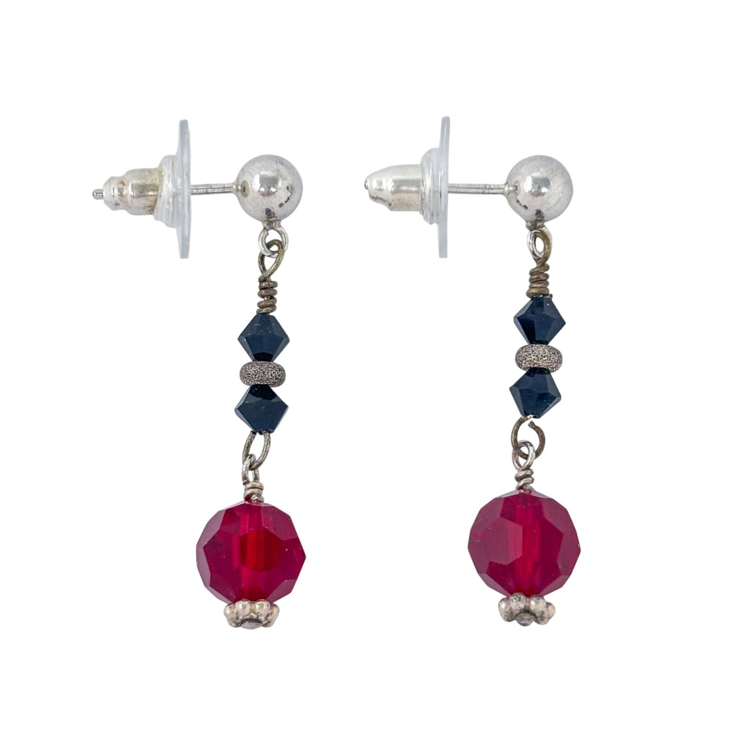 Vintage Sterling Silver 925 Red Crystal Bead Drop Earrings
