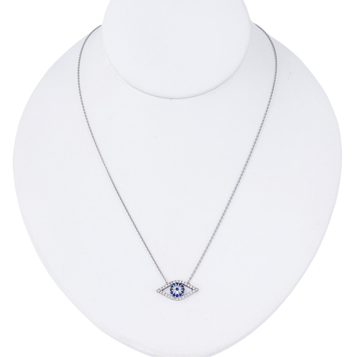 Vintage Sterling Silver 925 White Blue Crystal Evil Eye Necklace | 16"-18"