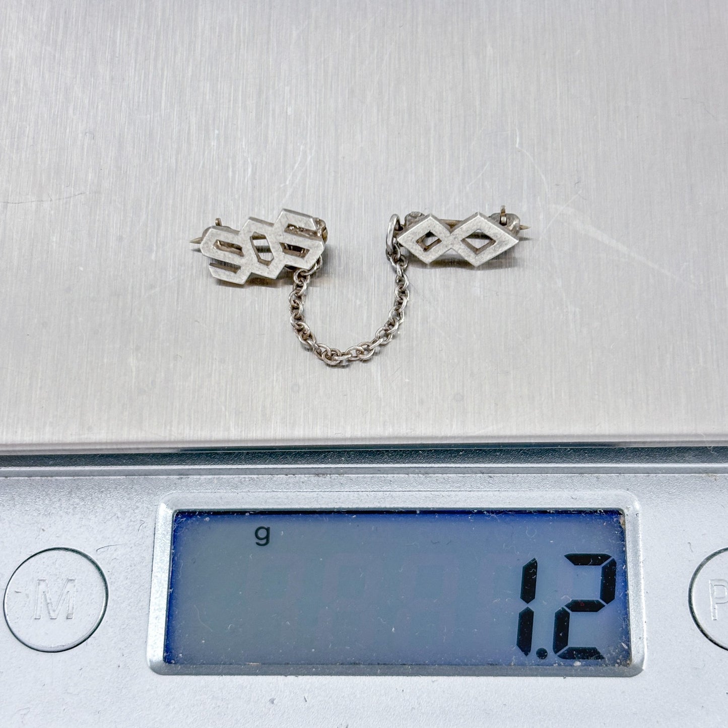 Vintage Sterling Silver SOS Geometric Dual Pin with Chain
