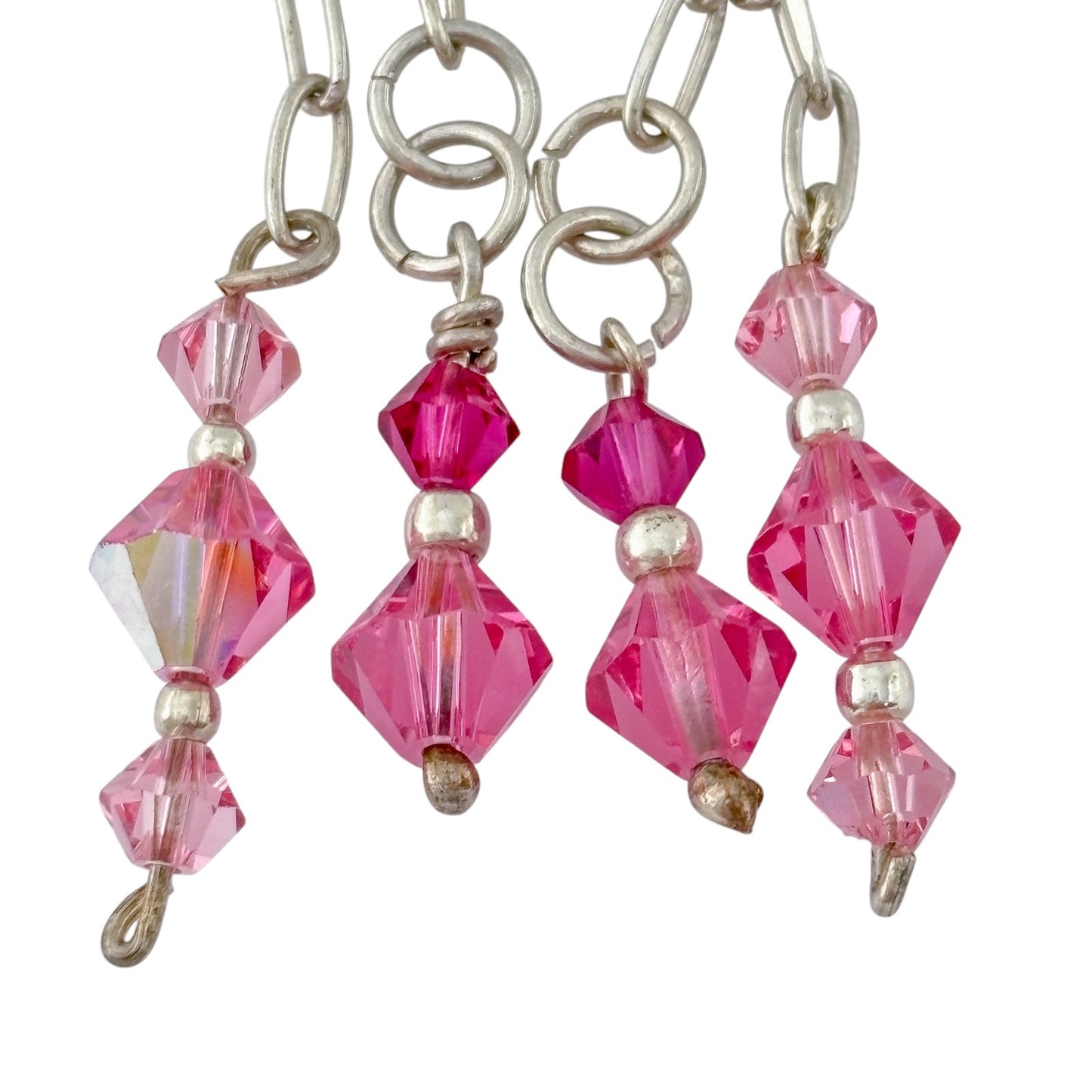 Vintage Sterling Silver 925 Pink Crystal Chain Dangle Earrings