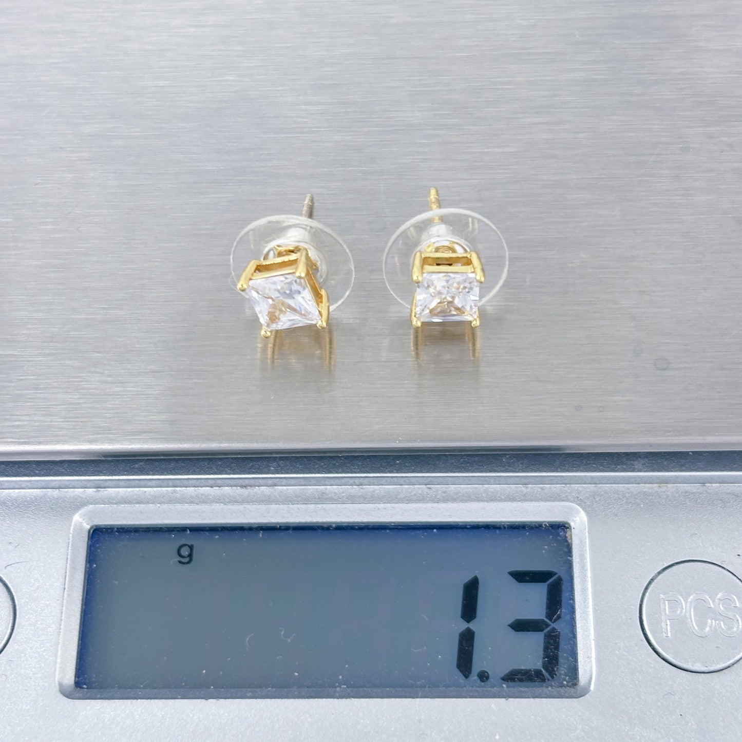 Vintage Gold-Tone Sterling Silver 925 Cubic Zirconia Square Stud Earrings