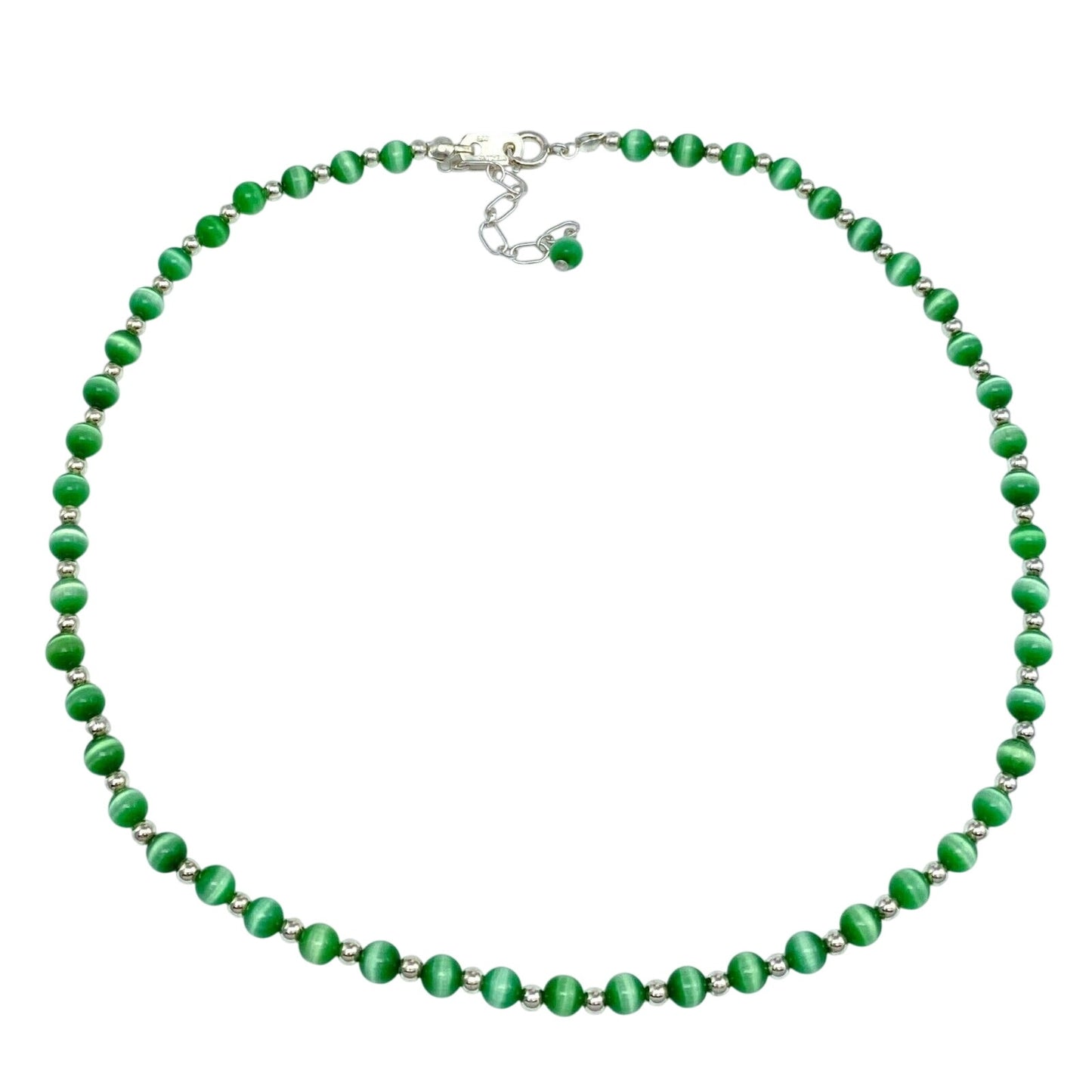 Vintage Sterling Silver 925 Green Cat’s Eye Necklace 16-17.5"