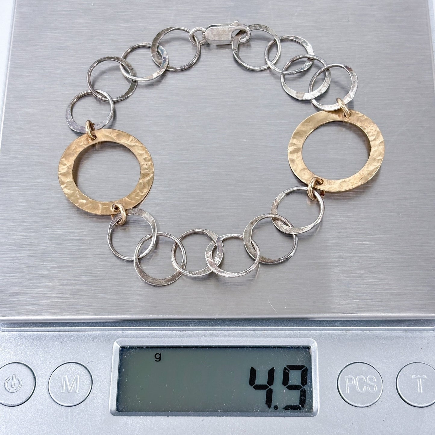 Vintage Sterling Silver 925 Gold Tone Hammered Circle Link Bracelet 7.25"