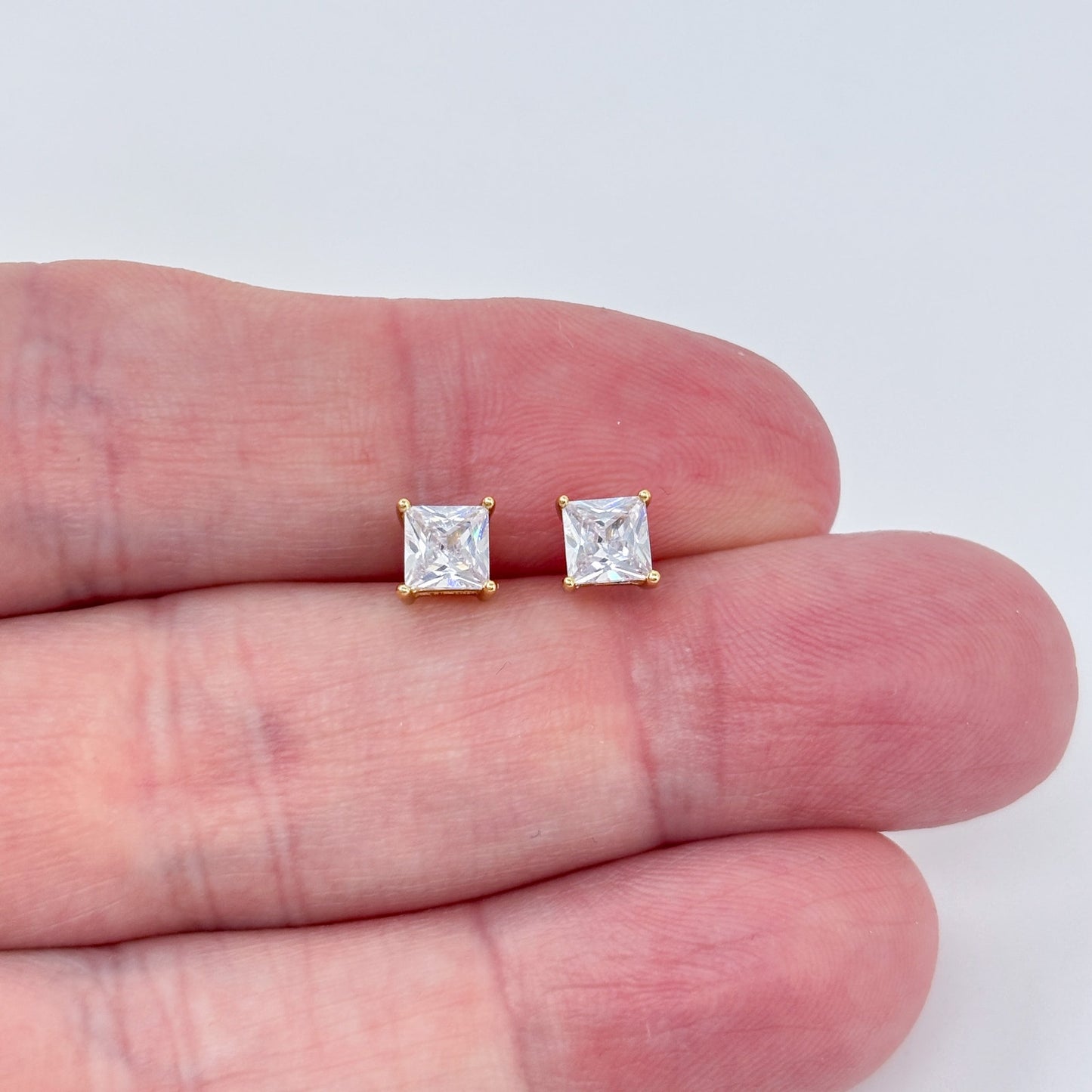 Vintage Gold-Tone Sterling Silver 925 Cubic Zirconia Square Stud Earrings