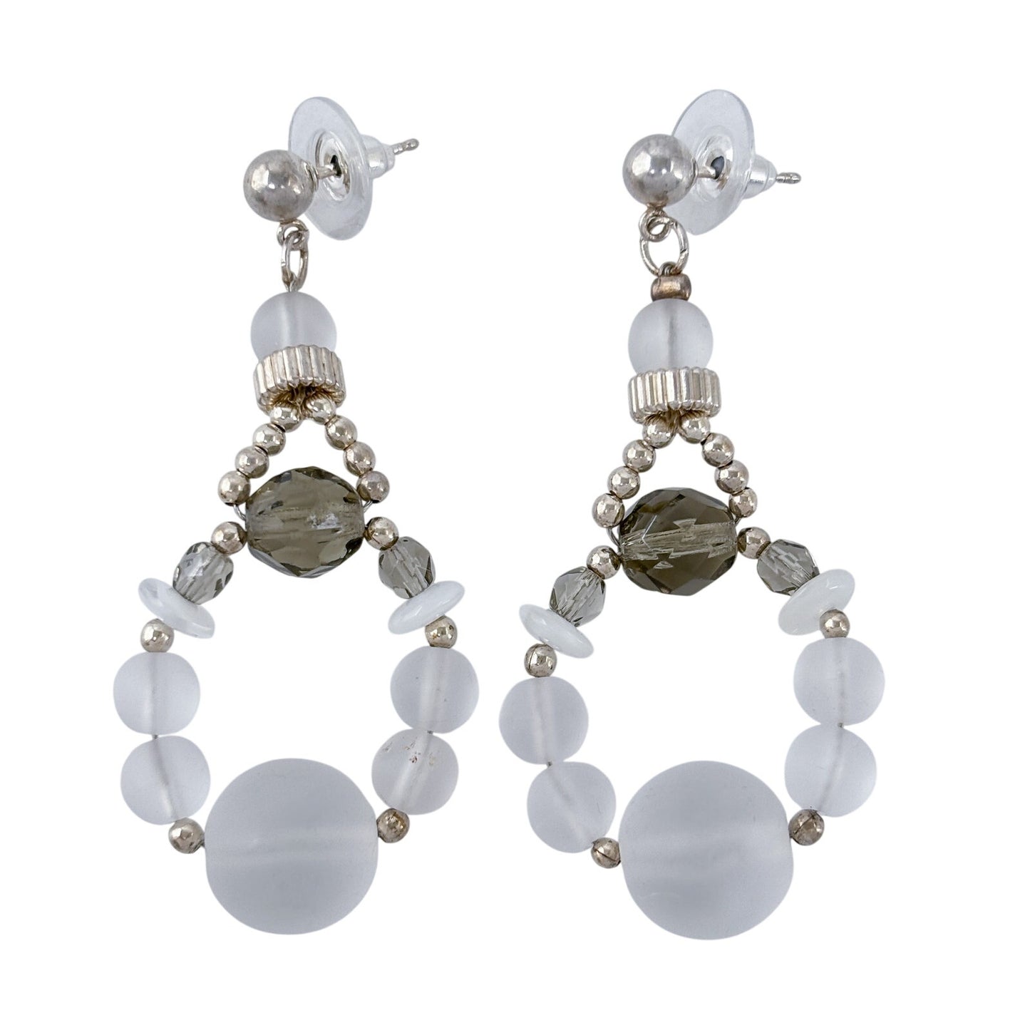 Estate Sterling Silver 925 Gray Crystal Bead Dangle Earrings