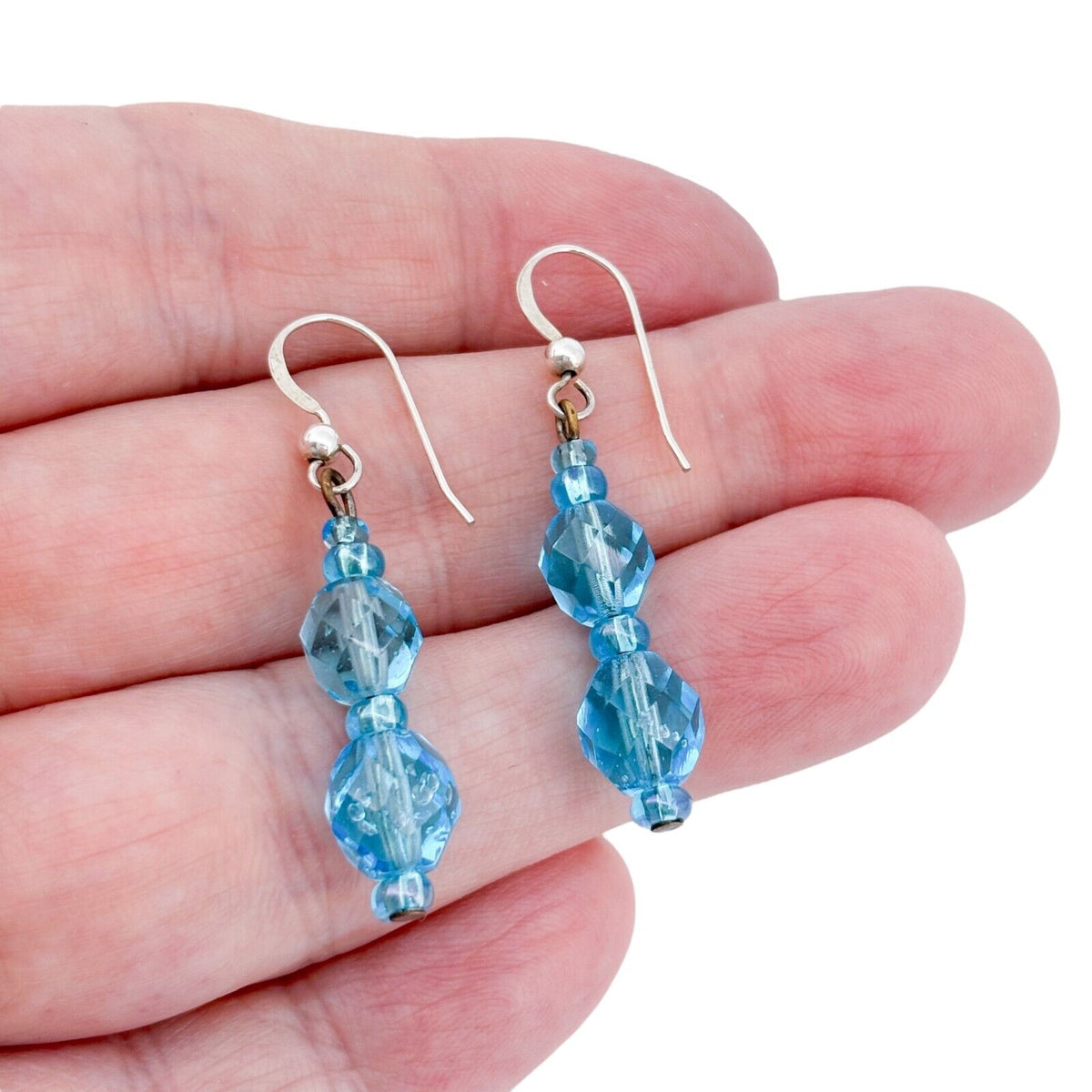 Vintage Silver-Tone Glass Bead Dangle Earrings